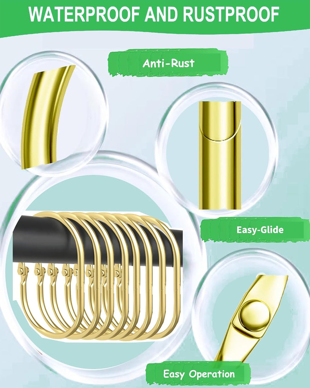 12 Pack Gold Shower Curtain Hooks,Gold Shower Curtain Rings,Brushed Nickel Shower Curtain Hooks Rust Proof, Metal Rust Proof Anti-Drop Smooth Shower Hooks for Shower Curtain (gold-12pack)