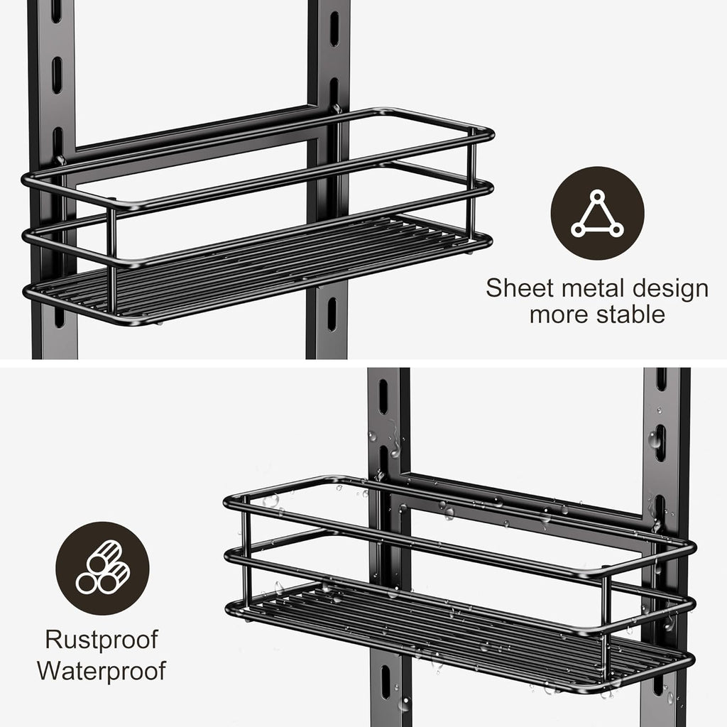 Orimade Adjustable Anti-slip Shower Caddy over Head, Rustproof Bathroom Hanging Organizer with 2 Hooks for Razor, No Drilling Shower Shelves Storage Rack 3 Tier, Black
