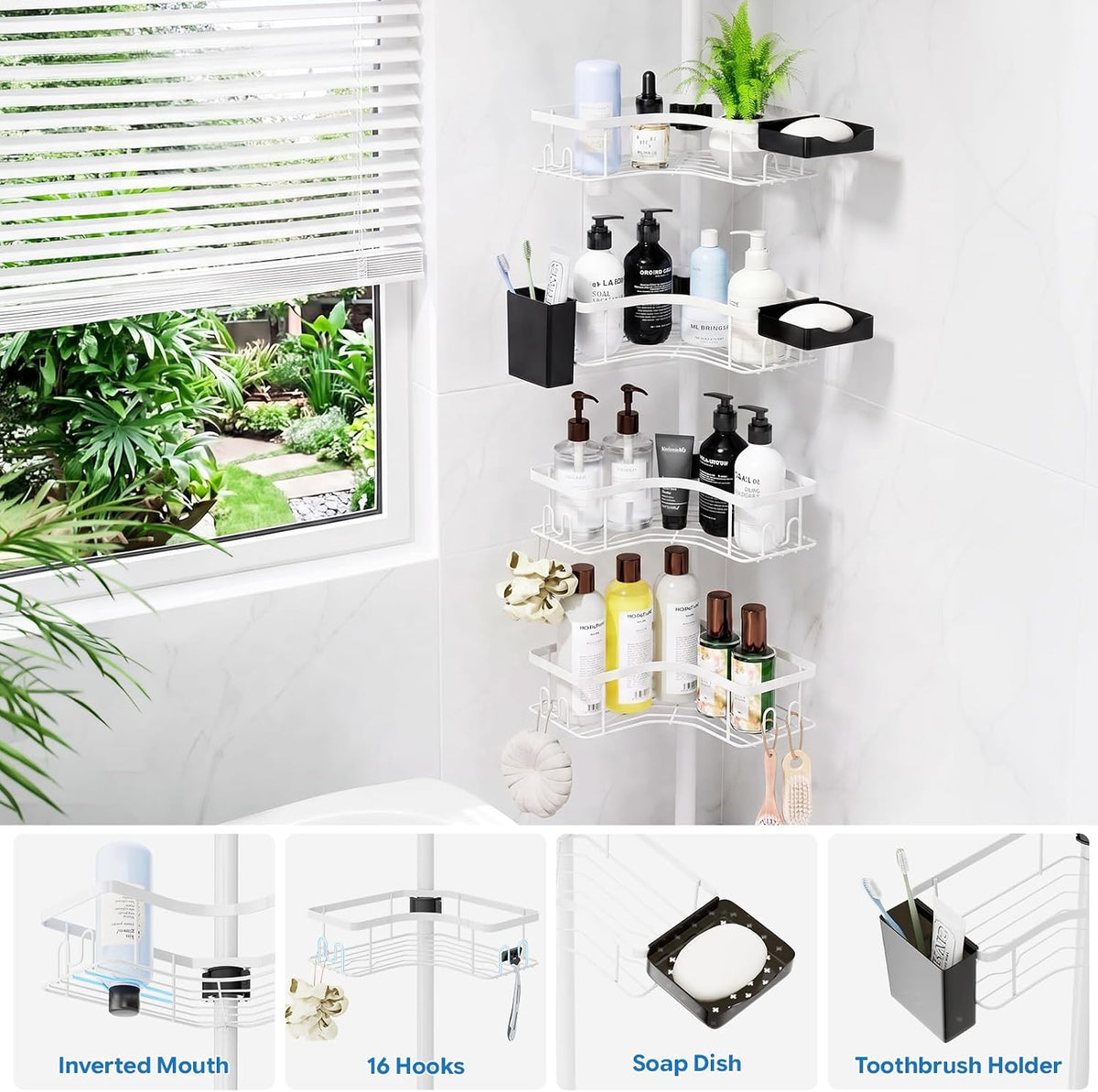 Corner Shower Caddy Tension Pole 4-Tier Rustproof Bathroom Organizer-White