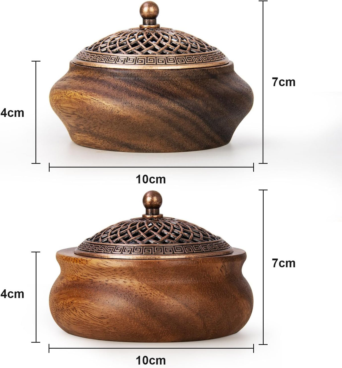 2 Pack Incense Cone Holder, Retro Wooden Cone Incense Burner Holder with Brass Cover, Vintage Bakhoor Burner for Sticks Coil, Frankincense Room Home Decor Yoga Spa Meditation (P)