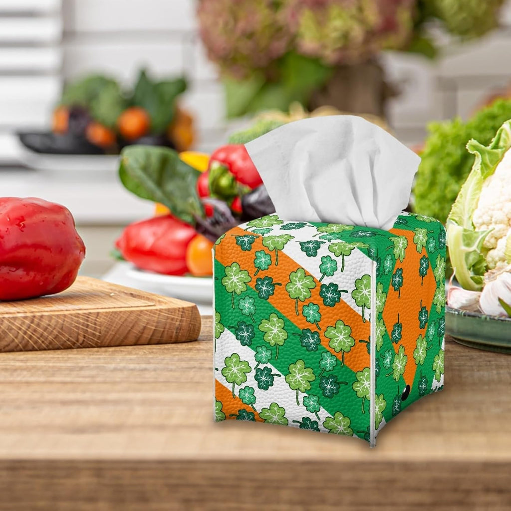 Happy St.Patrick's Day Napkin Tissue Box Cover PU Leather Modern Cube Tissue Case Holder for Bedroom Dresser, Tabletop, Nightstand, Dining Table Home Decoration,Green