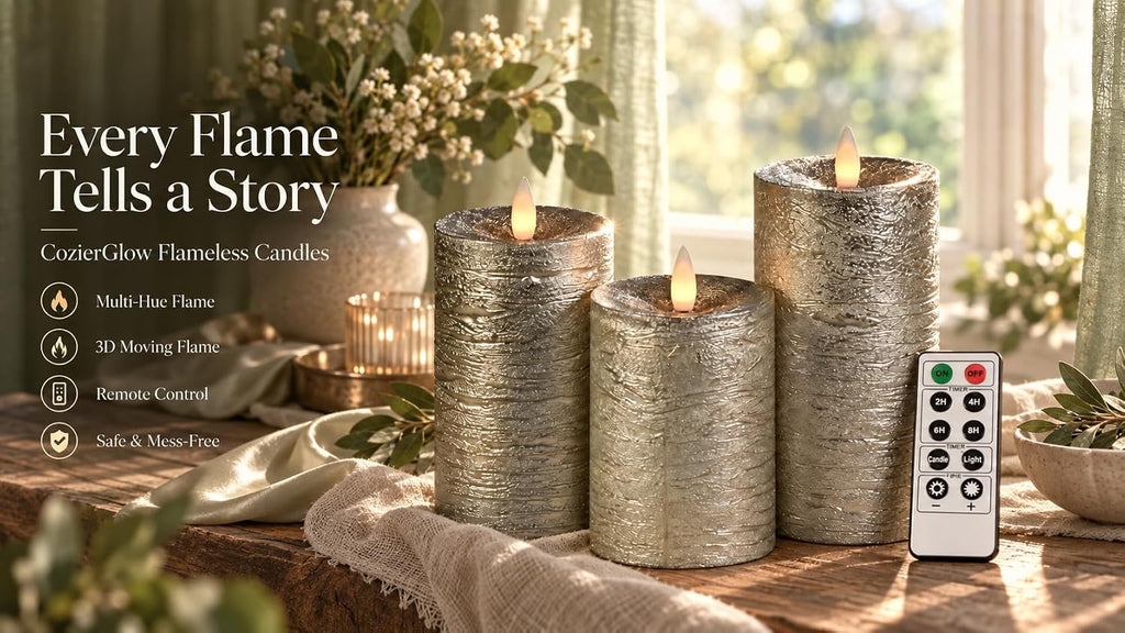 Shiny Metallic Silver Flameless Pillar Candles, Patented 3D Realistic Moving Flickering Flame with Remote Timer, Battery Operated 400hrs for Wedding, Holiday, Party, Decor, Gift(Set of 3)