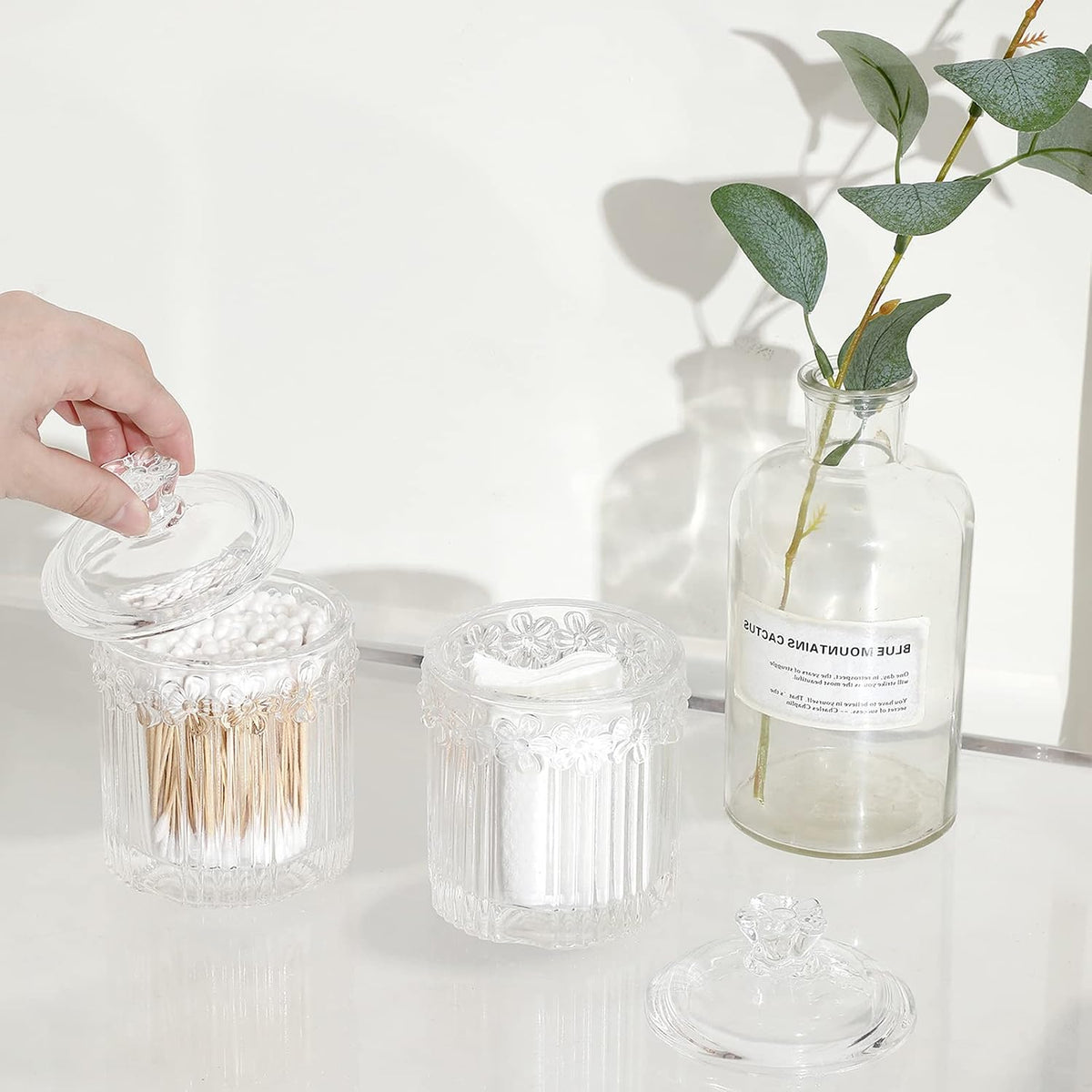 rejomiik 2 Pack Qtip Holder Glass Apothecary Jars with Lids, Clear