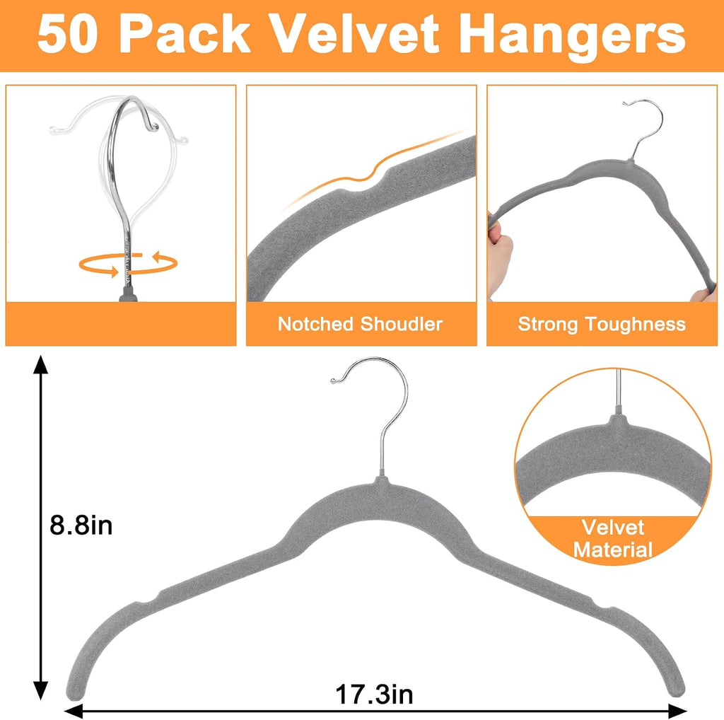 Gray Velvet Hangers 50 Pack, Non-Slip Felt Hangers with Shoulder Notches, Slim Space Saving Clothes Hangers with 360°Swivel Hook for Shirts Heavy Coats Clothes Dresses Closet(Gray)