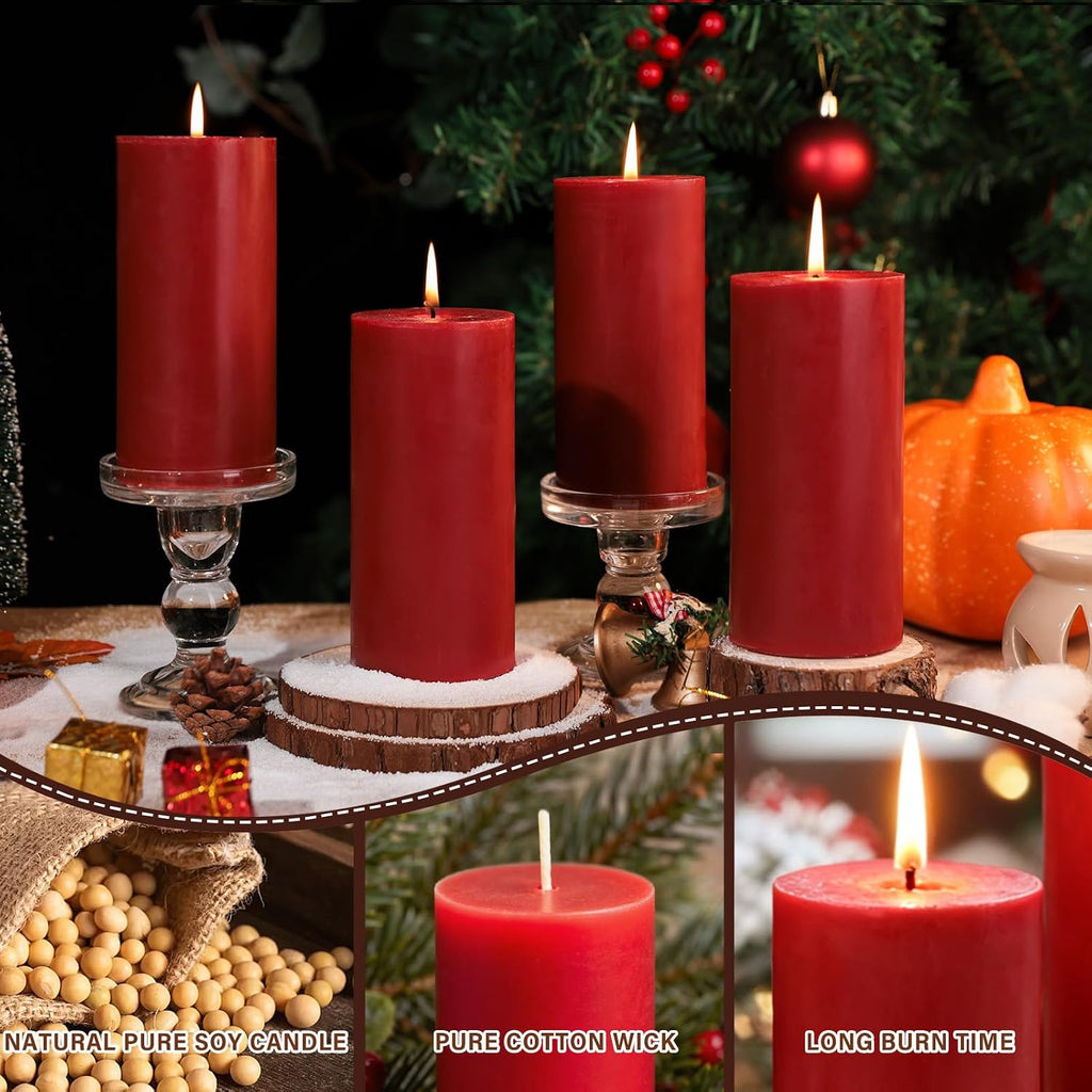 Red Soy Pillar Candles,3 Pack,2.8 x 6 Inch,Unscented,85-Hour Burn