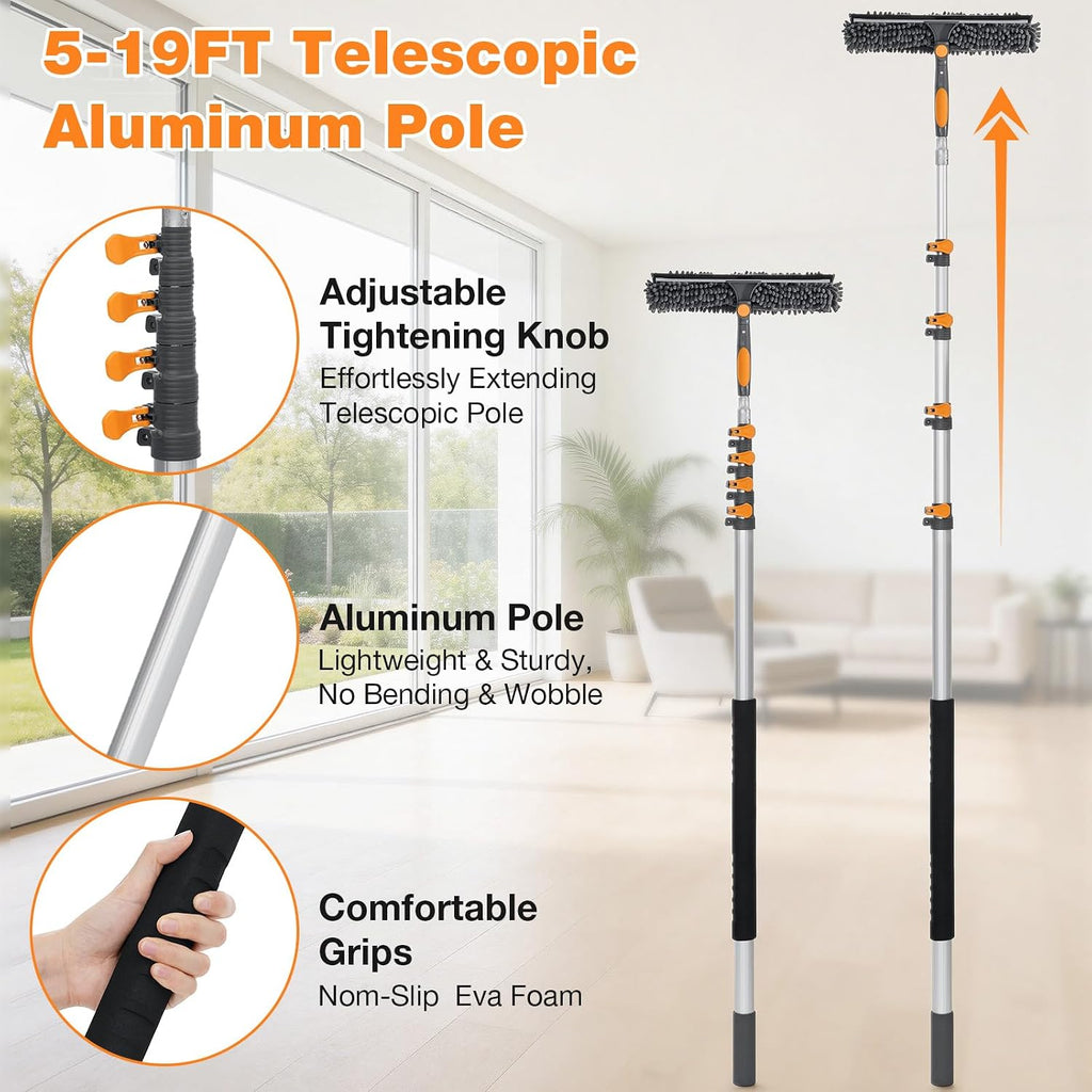 20FT Reach Window Squeegee with 5-12 FT Extension Poles, 2-in-1 Window Cleaner Tool Extra-Large 14" Window Squeegee Window Cleaning Kit with Telescopic Pole with Rotatable Head, for High Window Glass