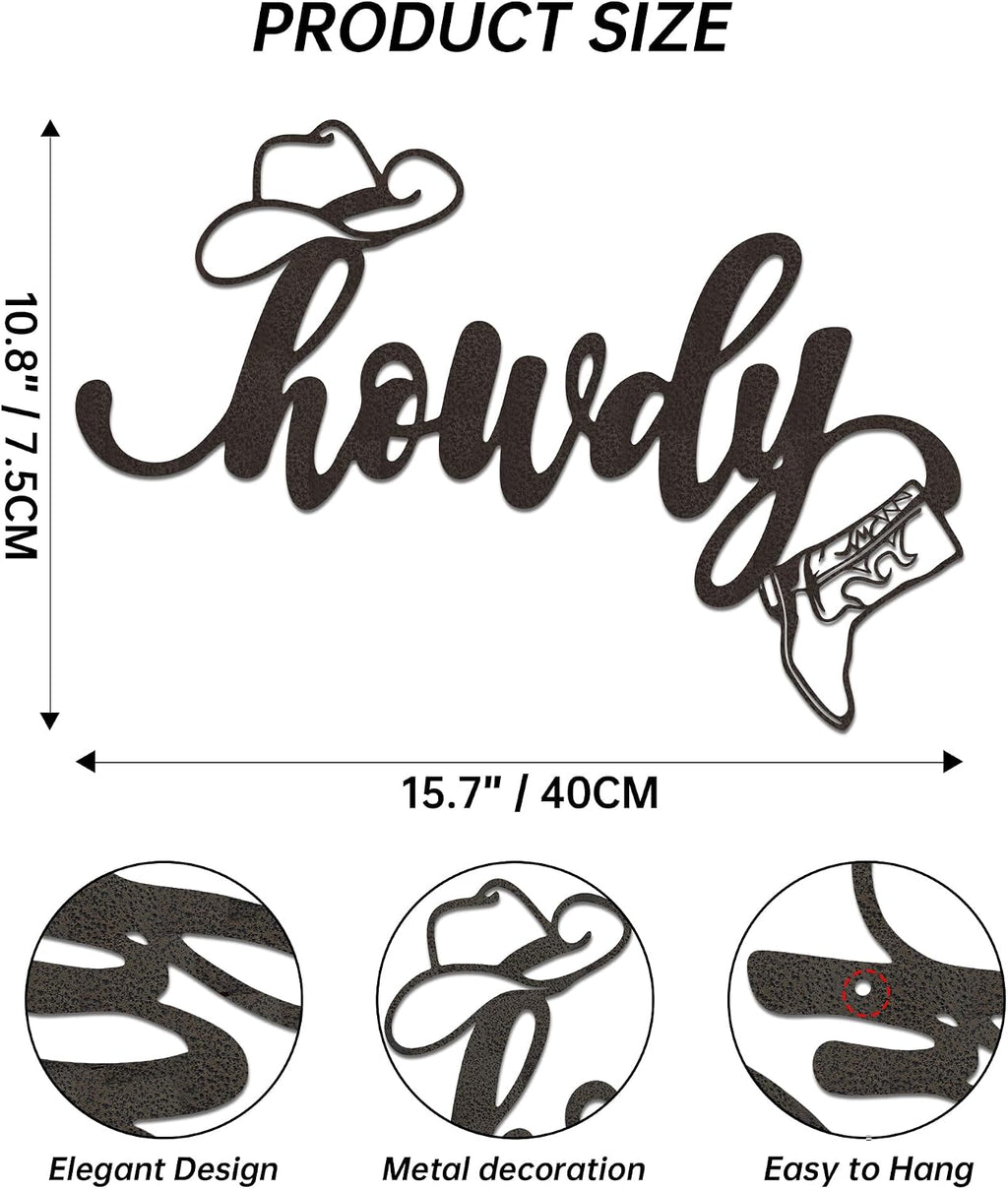Metal Howdy Sign Wall Art Cowboy Hat Boot Decor Home Office