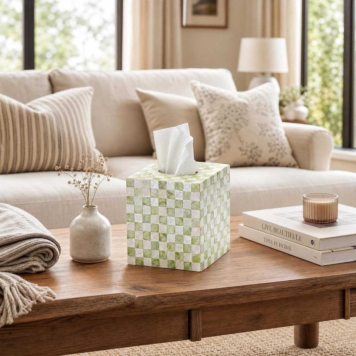 YANGQIHOME Capiz Shells Tissue Box Cover, Handmade Decorative Tissue Box Holder with Mother of Pearl, Square Facial Tissue Holder for Bathroom, Living Room, Kitchen, 5.5" x 5.5" x 5.9" (Green)