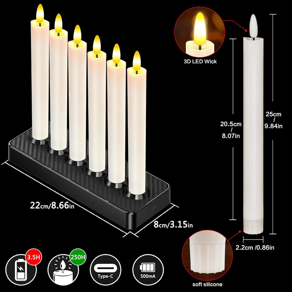 HL Rechargeable Flameless Taper Candles with Charging Base, 6 Pack