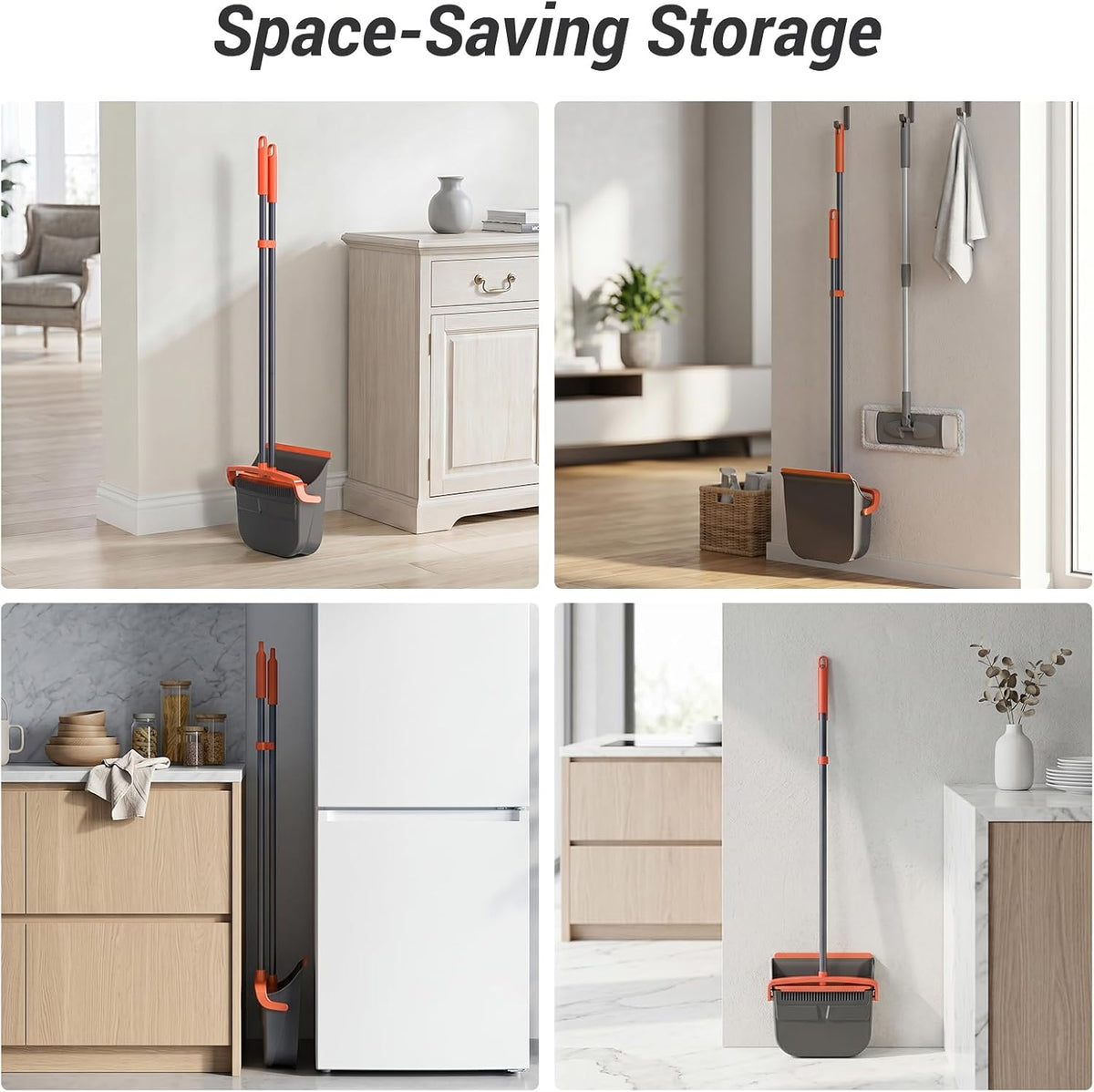 Broom with Dustpan Set for Pet Hair & Dust Cleanup, Orange & Gray