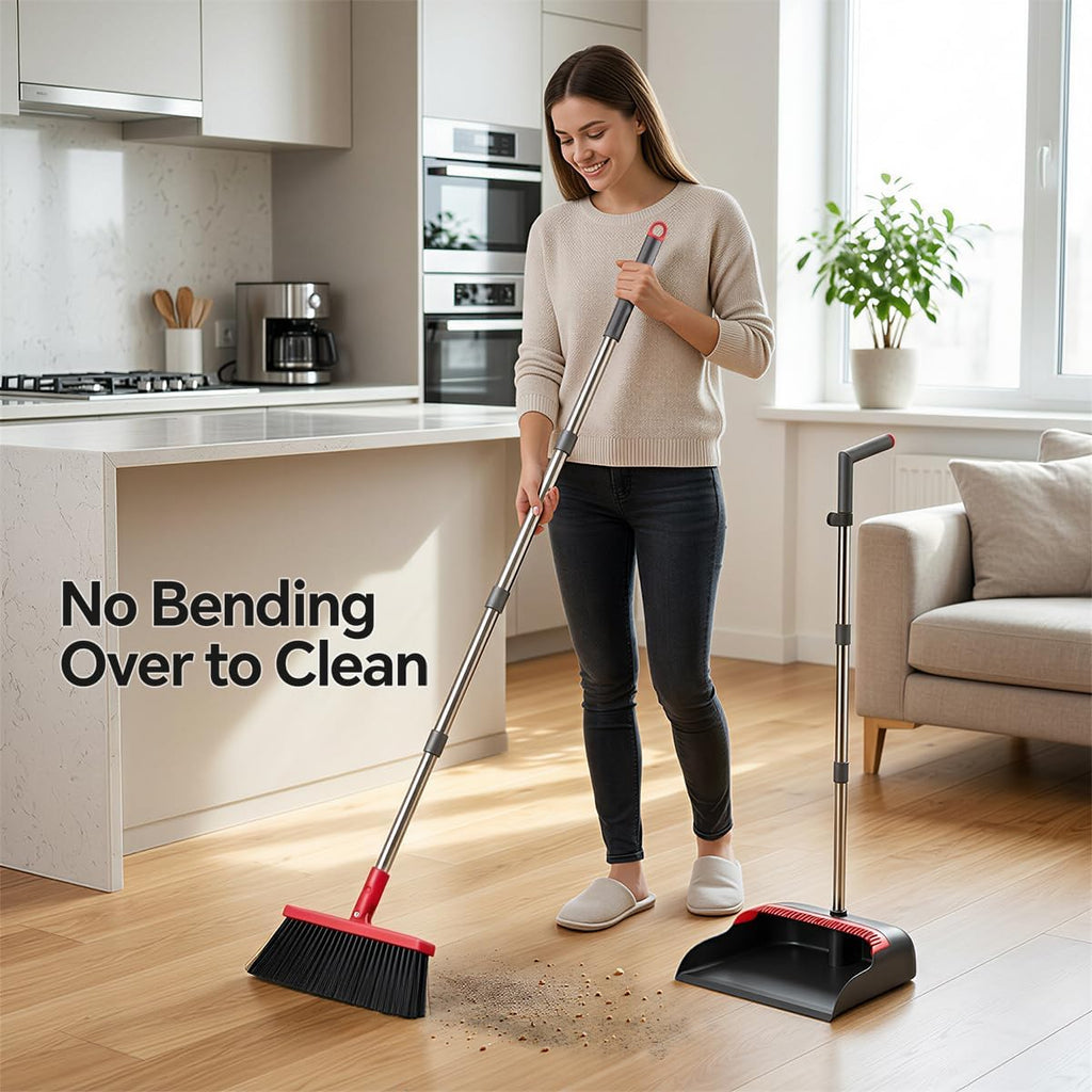 Broom and Dustpan Set, 52" Long Handle with Dust Pan Teeth, Red