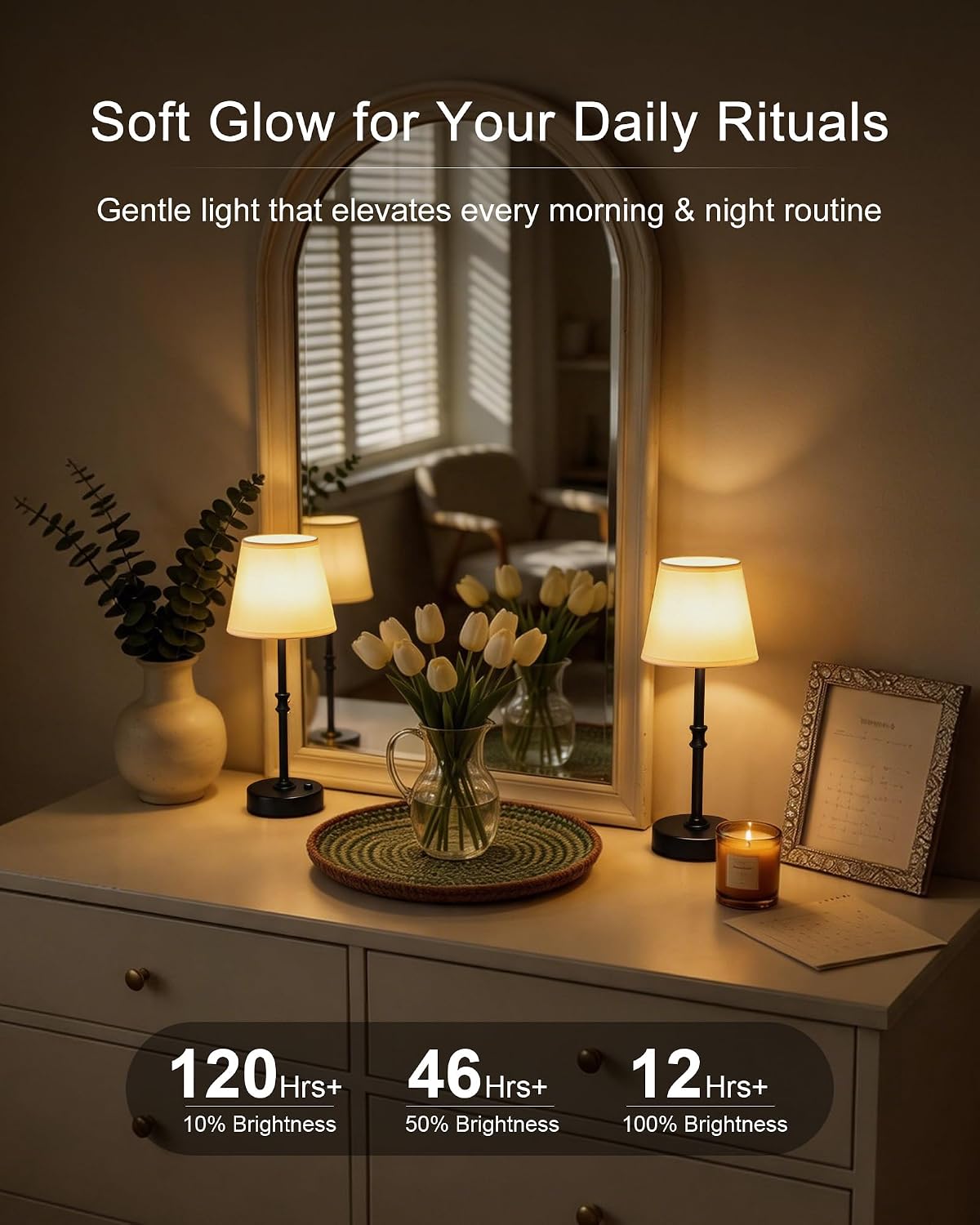 EppieBasic Cordless Table Lamp Rechargeable: Fast Charging & Long Lasting - 2700K Warm Light Small Vintage Brass Bedside Lamps - Dinning Living Room Bedroom - 2 Pack