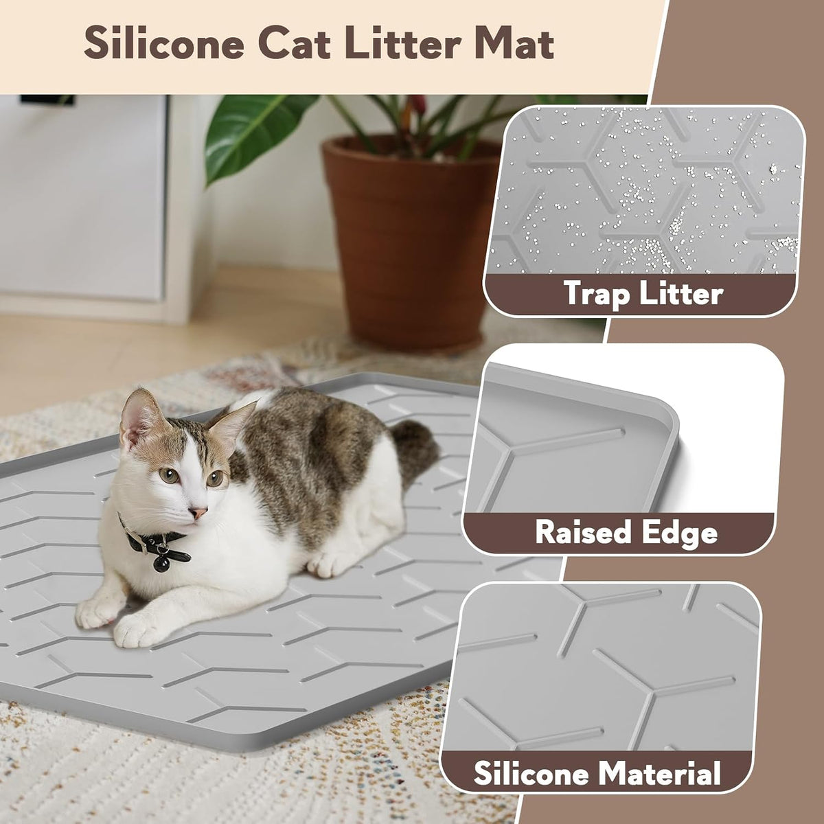 Garoopion Silicone Cat Litter Mat Large 40" X 28", Easy to Clean, Gray