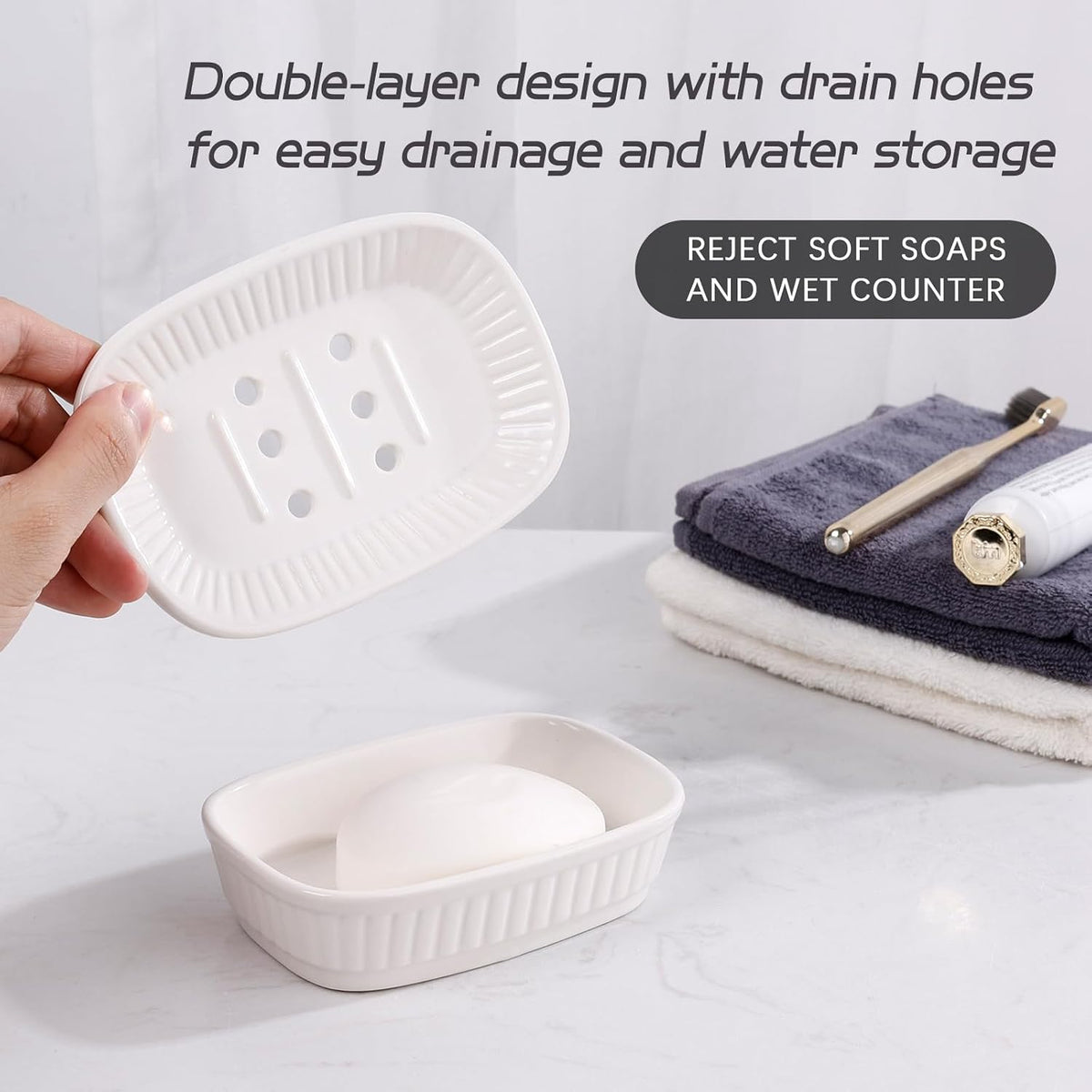 ANTIS'S HOME Ceramic Double Layer Self Draining White Soap Dish Bathroom Kitchen