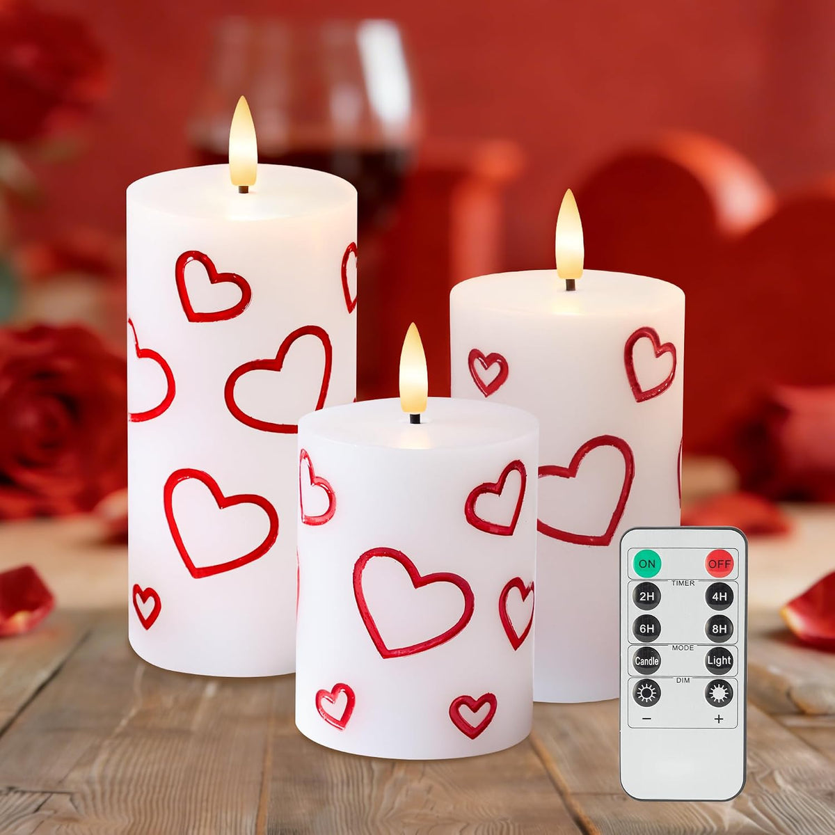Valentines Day Heart Candles, Flameless Pillar Candles with Remote