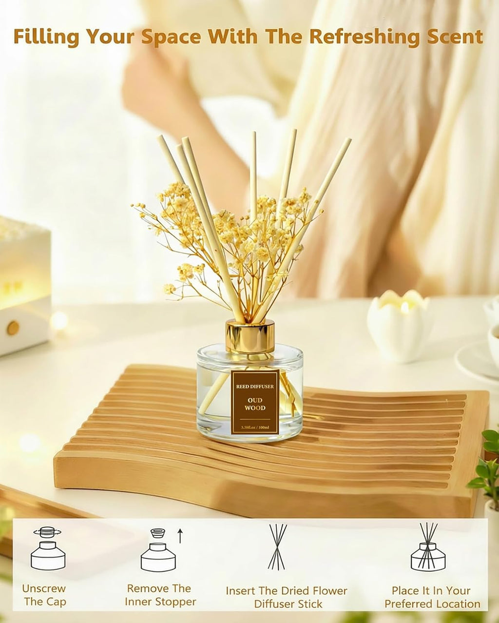 Reed Diffuser Set-Oud Wood Scent 3.38 fl oz,Scent Long