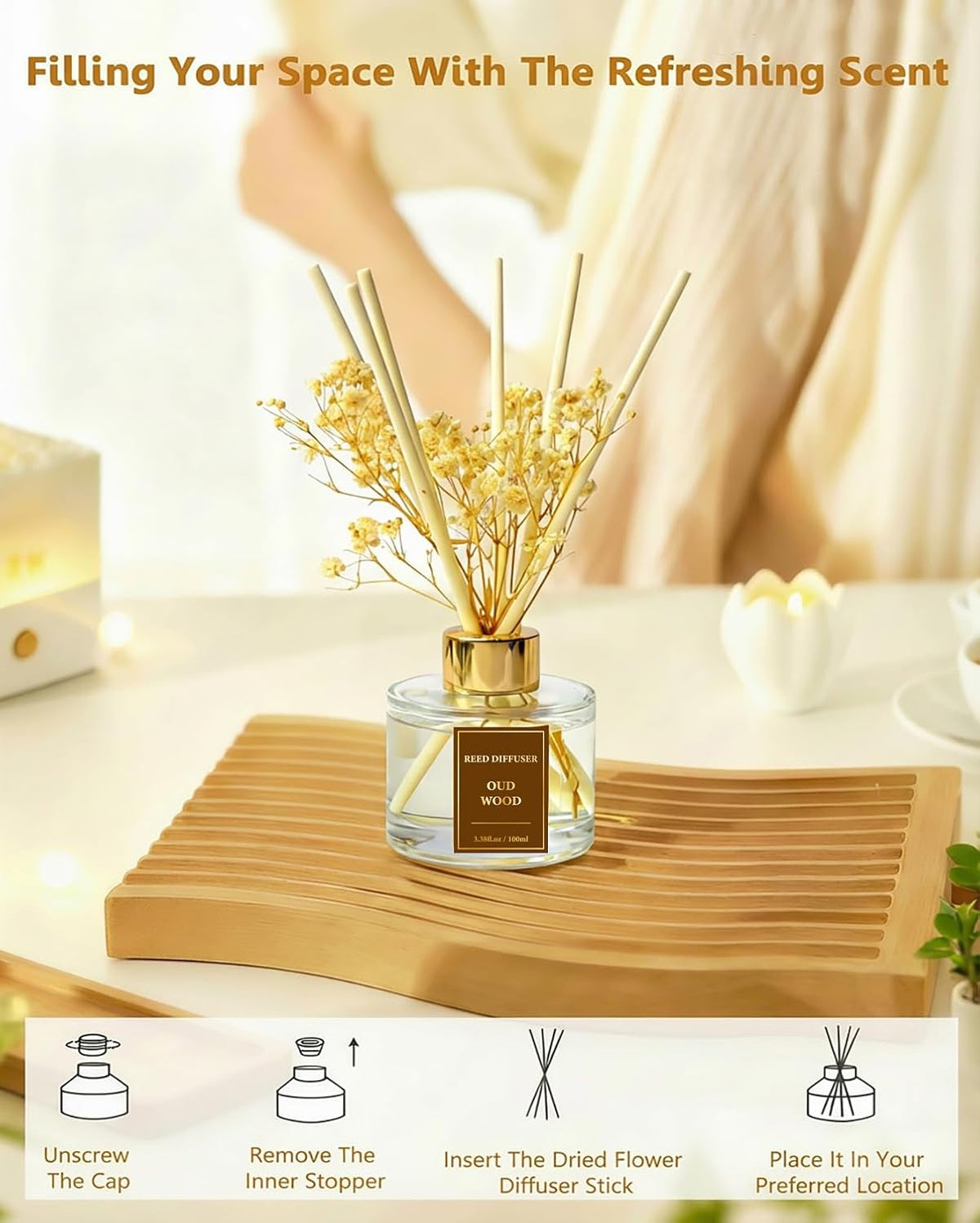 Reed Diffuser Set-Oud Wood Scent 3.38 fl oz,Scent Long