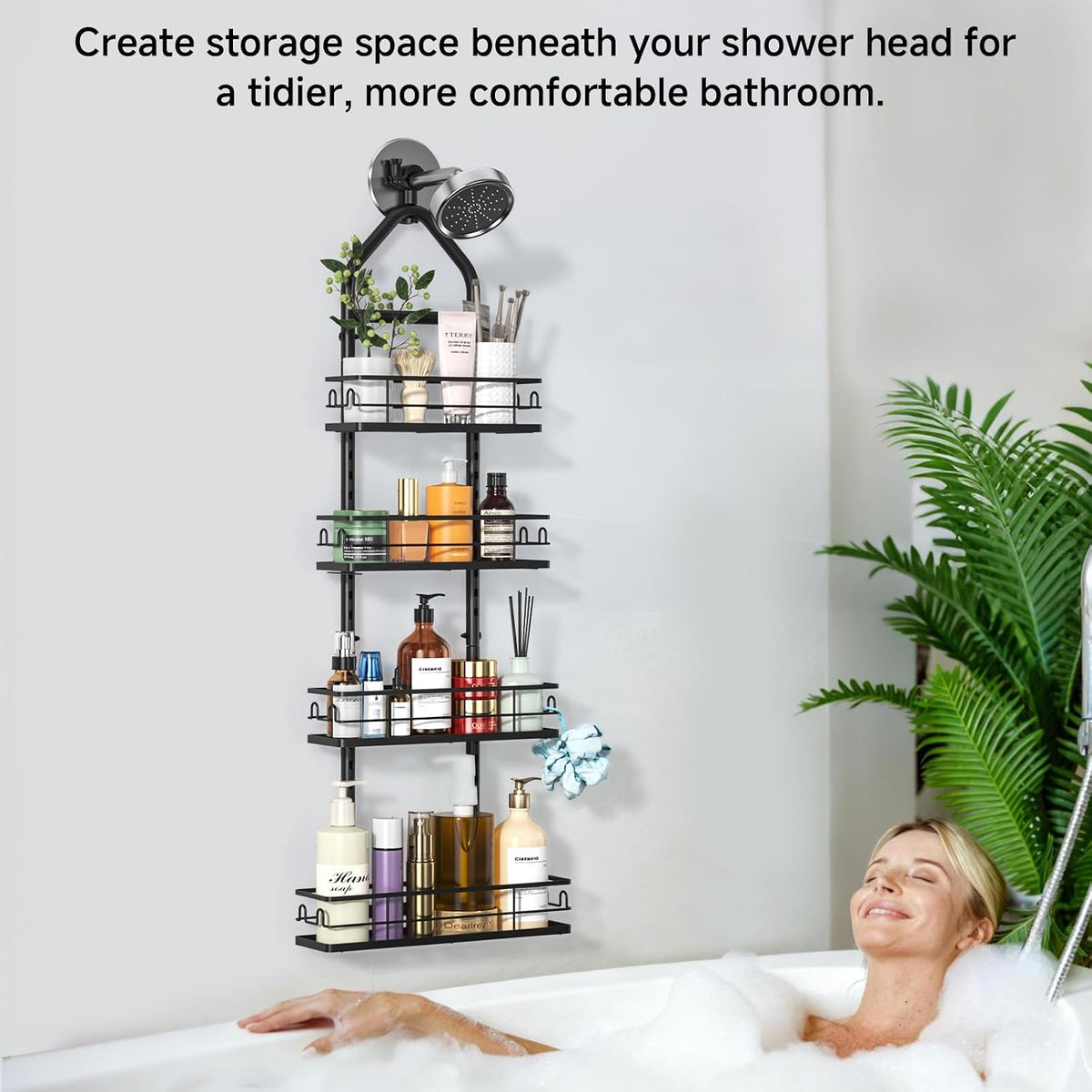 Shower Caddy Hanging Rustproof, 4 Tier Adjustable Hanging Shower Caddy Over Showerhead, No Drilling Handing Shower Racks for Bathroom Shampoo Soap Storage