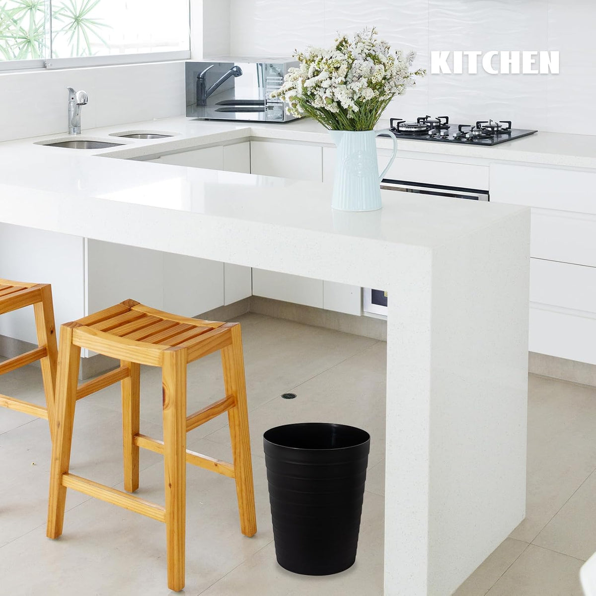 UUJOLY Small Bathroom Trash Can Wastebasket, Plastic Garbage Bin Container Basket for Bathrooms, Laundry Room, Kitchens, Offices, Kids Rooms, Dorms, Black, 1.8 Gallon