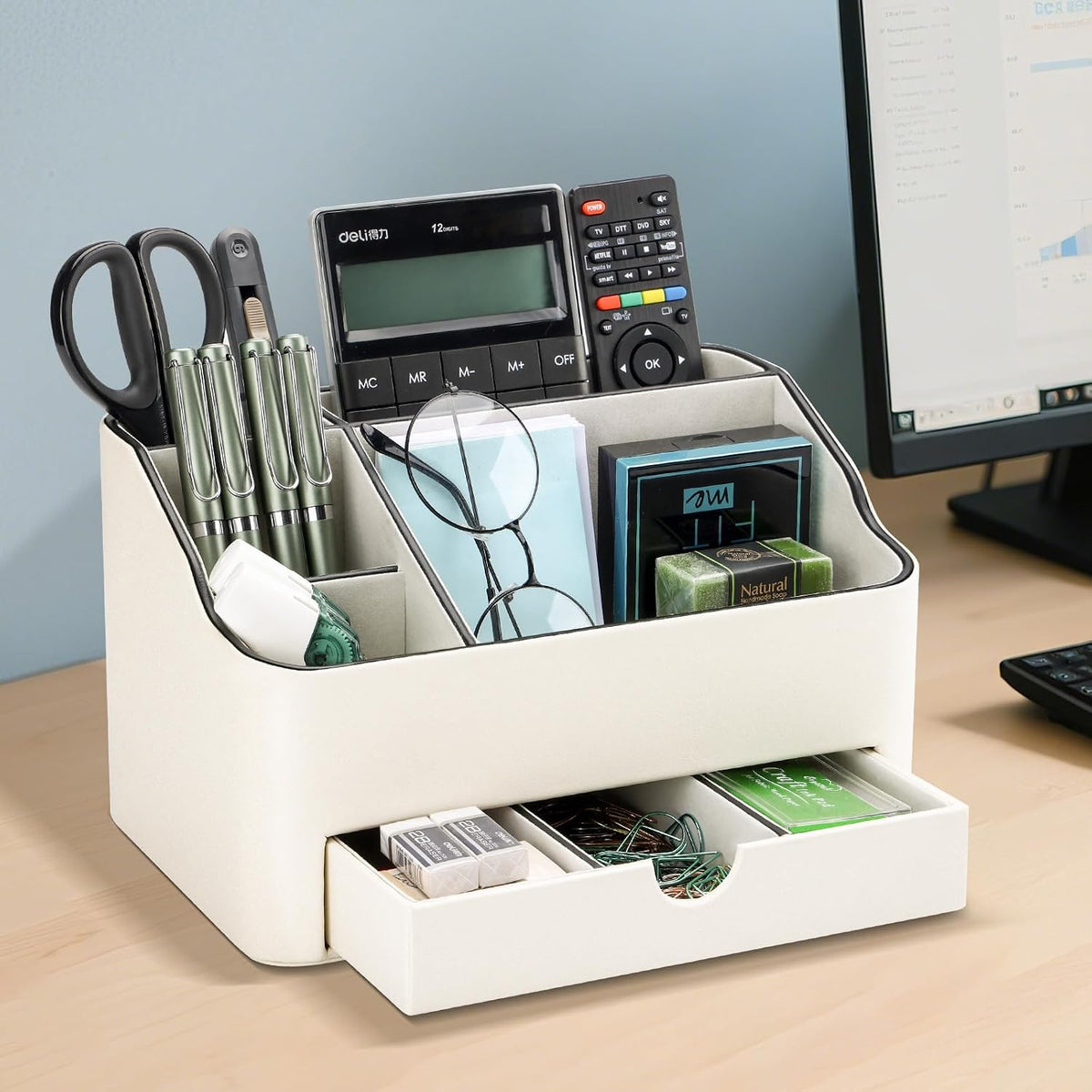 KINGFOM PU Leather Desk Organizer with Drawer, 5 Compartments Desktop Storage Caddy for Office Home Supplies, Pen Holder for Remote Control, Phone & Accessories, Mail Organizer Countertop Ivory White