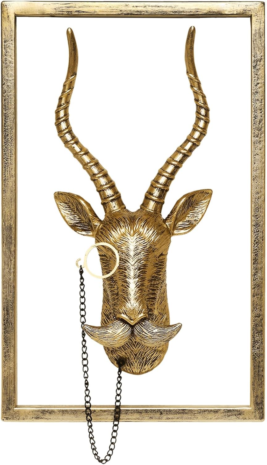 Newinhome Animal Heads Wall Decor (Includes Metal Frame) Resin Animals Sculptures Head Wall Hanging Decoration Gold vintage Wall Sculpture for Living Room Bedroom Office(Antelope)
