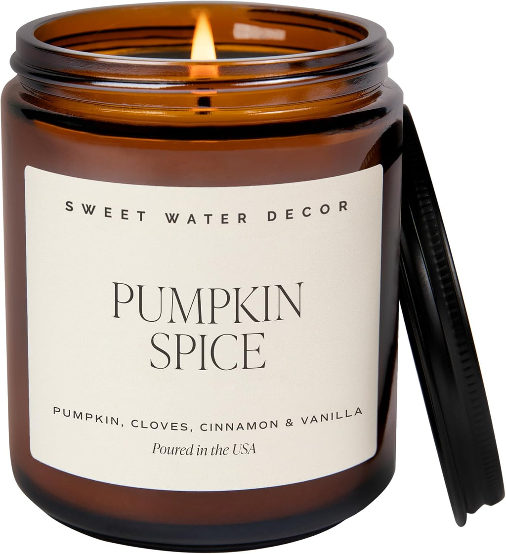 Sweet Water Decor Pumpkin Spice Candle, 9oz Amber Glass Jar, Fall