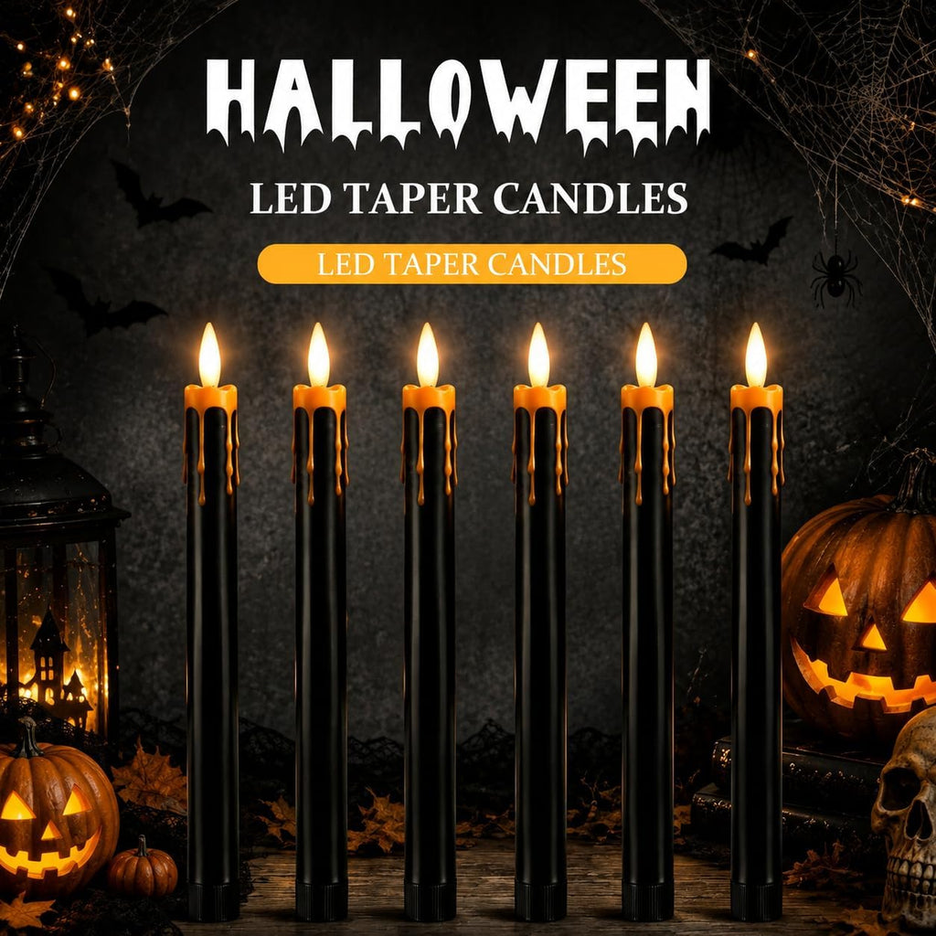 Dusk&Decorum 6 Pack Halloween Tapered Candles with Remote, Black Halloween Flameless Candles with Orange Dripping Wax, Battery Operated LED Halloween Candles for Table, Mantel & Indoor Decor