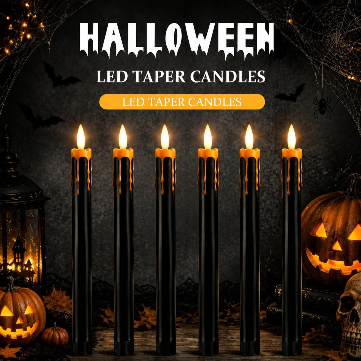 Dusk&Decorum 6 Pack Halloween Tapered Candles with Remote, Black Halloween Flameless Candles with Orange Dripping Wax, Battery Operated LED Halloween Candles for Table, Mantel & Indoor Decor