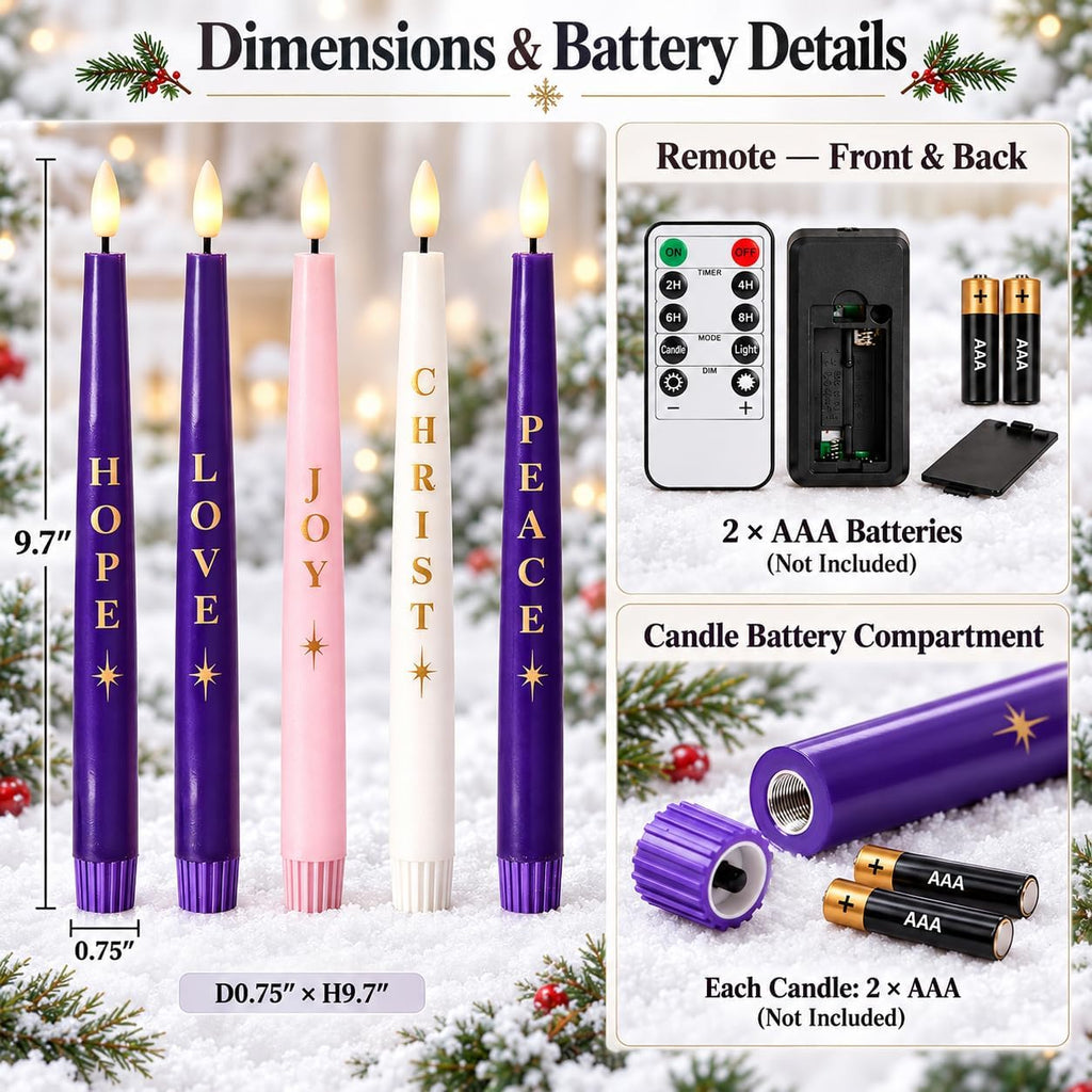 Flameless Advent Candles, Christmas Taper Candles Church Christian Decor