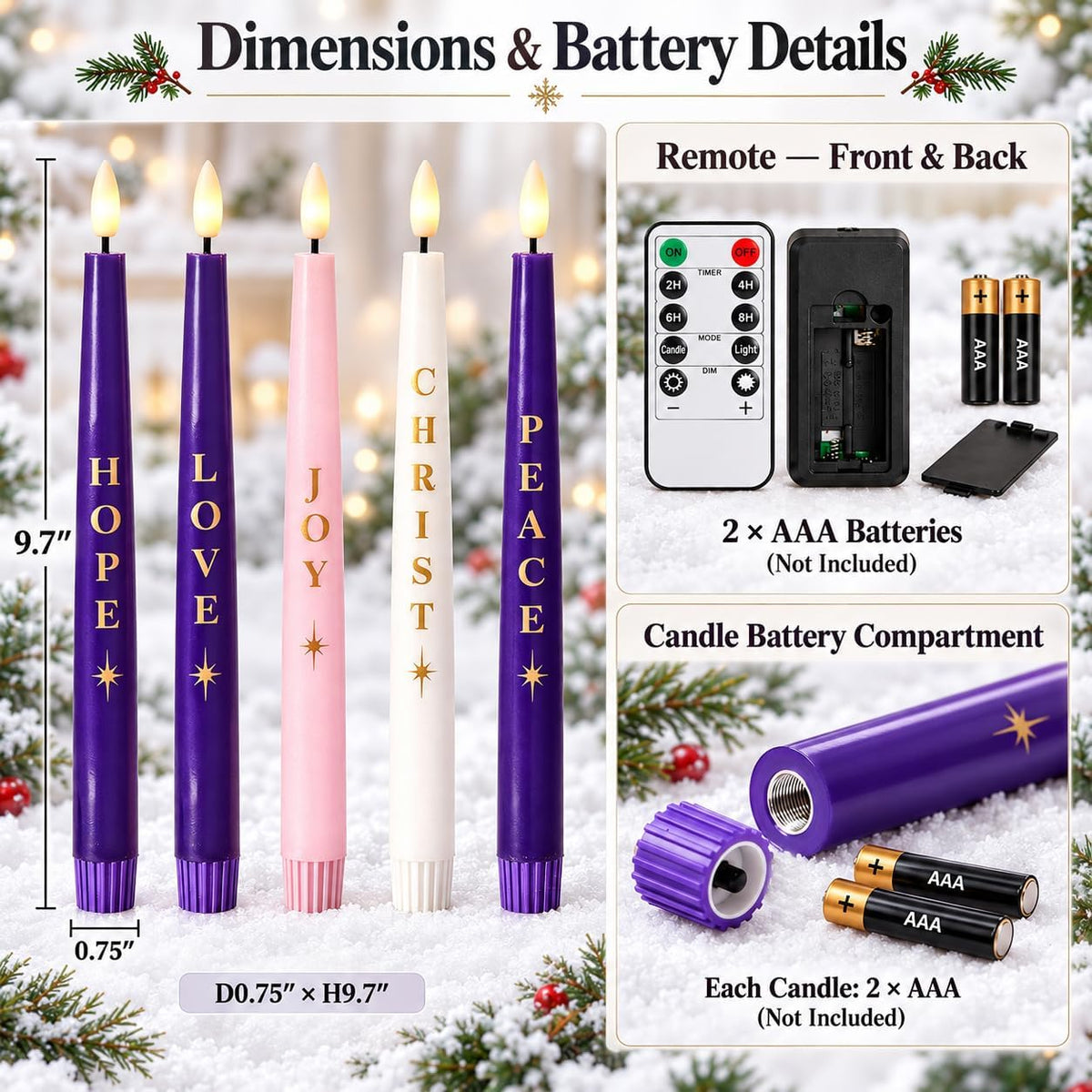 Flameless Advent Candles, Christmas Taper Candles Church Christian Decor