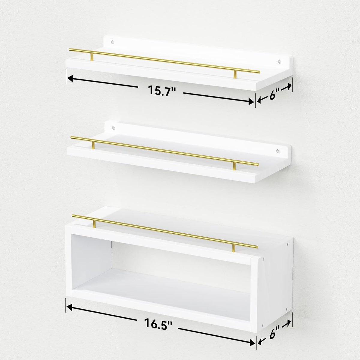 WOPITUES Floating Shelves for Wall with Cube Shelf, Wall Shelves with Metal Rail for Decor, Bathroom Organizers and Storage, Over Toilet Shelves for Bathroom, Toilet Paper-White&Gold