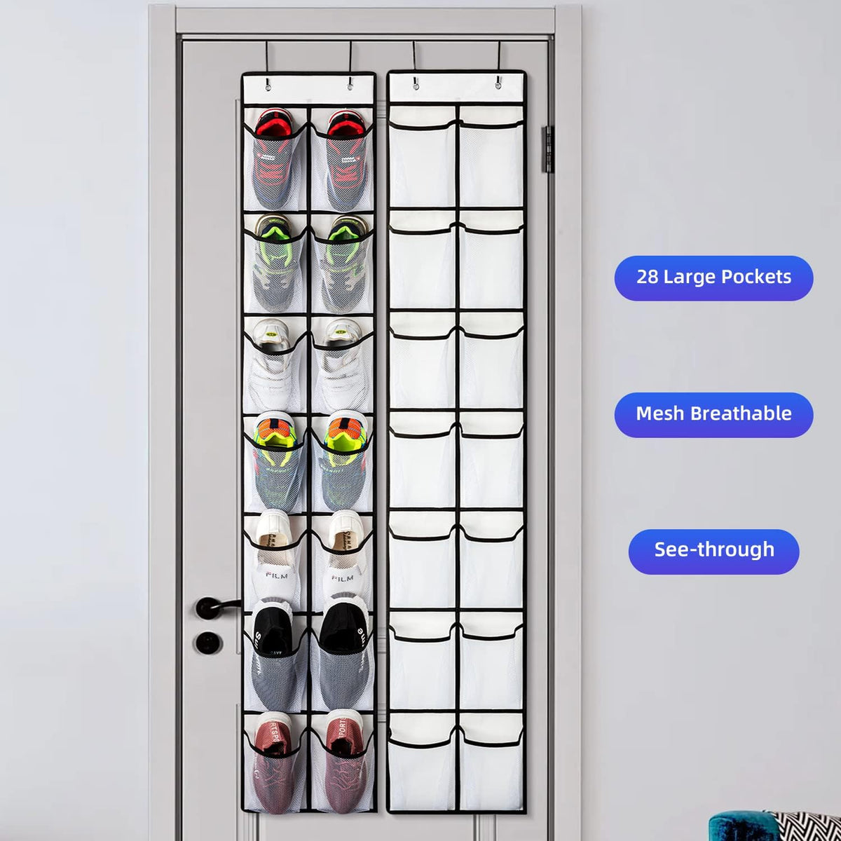 KEEPJOY Over the Door Shoe Organizer, Hanging Shoe Organizer with 4 Hooks, Shoe Holder with 14 Mesh Pockets Closet Door Shoe Storage Bag (White-2Pack)