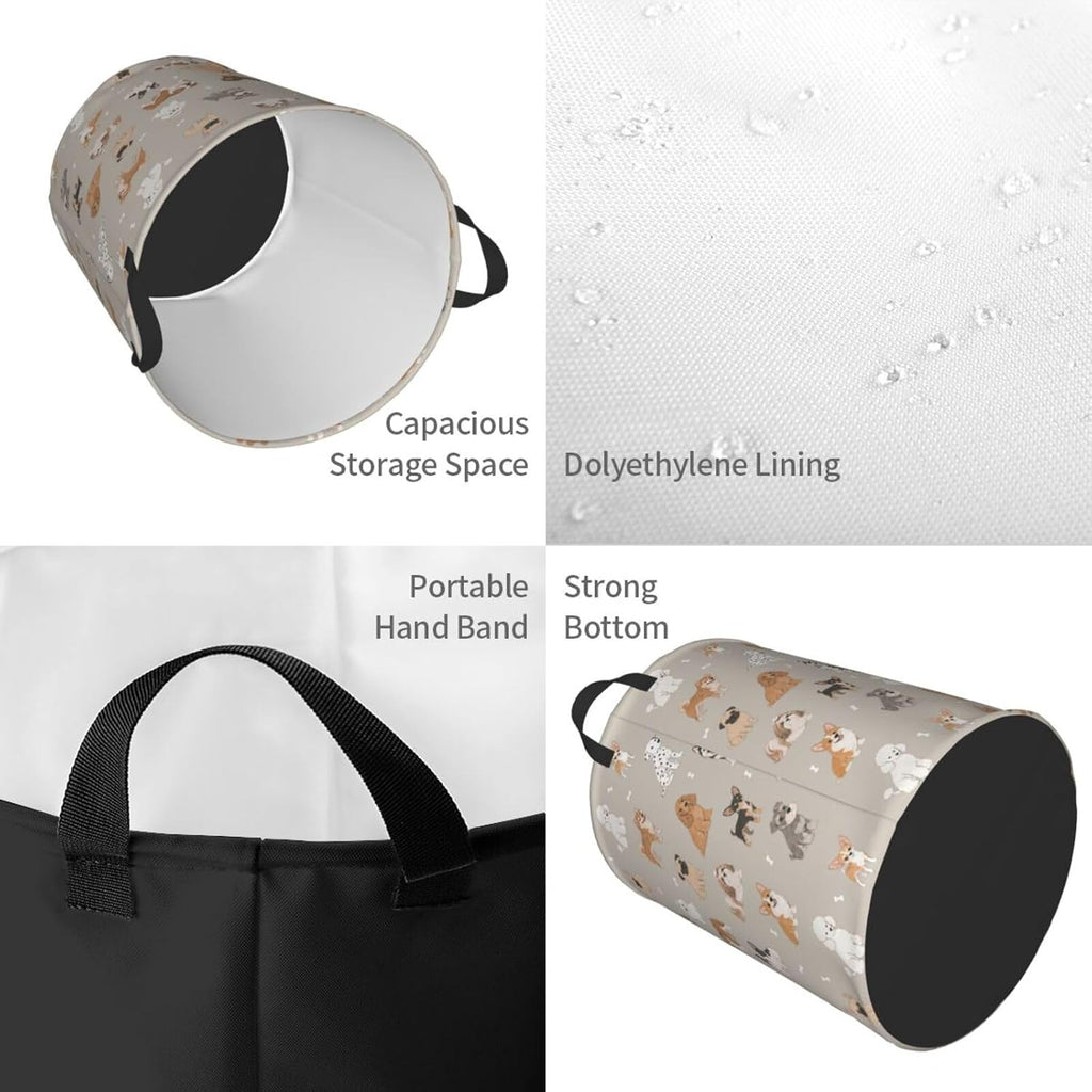 Cute Dog Animals Beige Round Laundry Hamper Storage Basket Toys Clothes Organizer Bin For Home Bathroom Bedroom Dorm Nursery, 62l