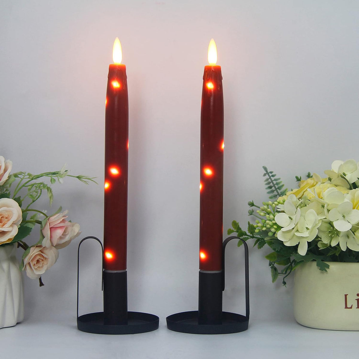 Flameless Flickering Taper Candles Battery Operated with Embedded String Lights, wtih Timer and Remote, LED Real Wax Tapered Dinner Candle Set of 2 (Red)