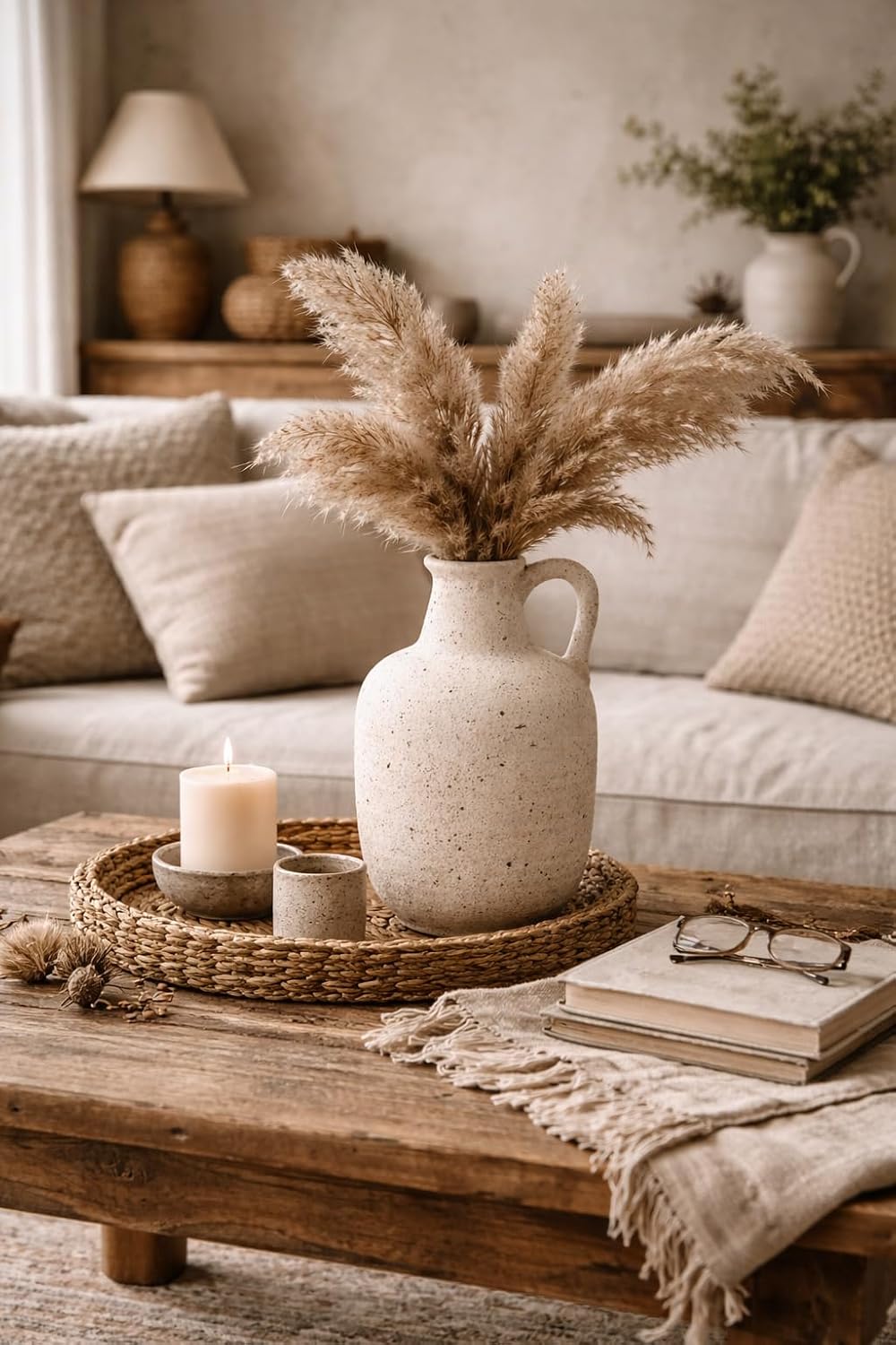 SIDUCAL Rustic Ceramic Farmhouse Flower Vase with 1 Handle-Height 8.43" Terracotta Vase, Unique Textured Pottery Flower Vases for Home Decor, Table, Wedding, Living Room, Shelf Decor, Speckled White