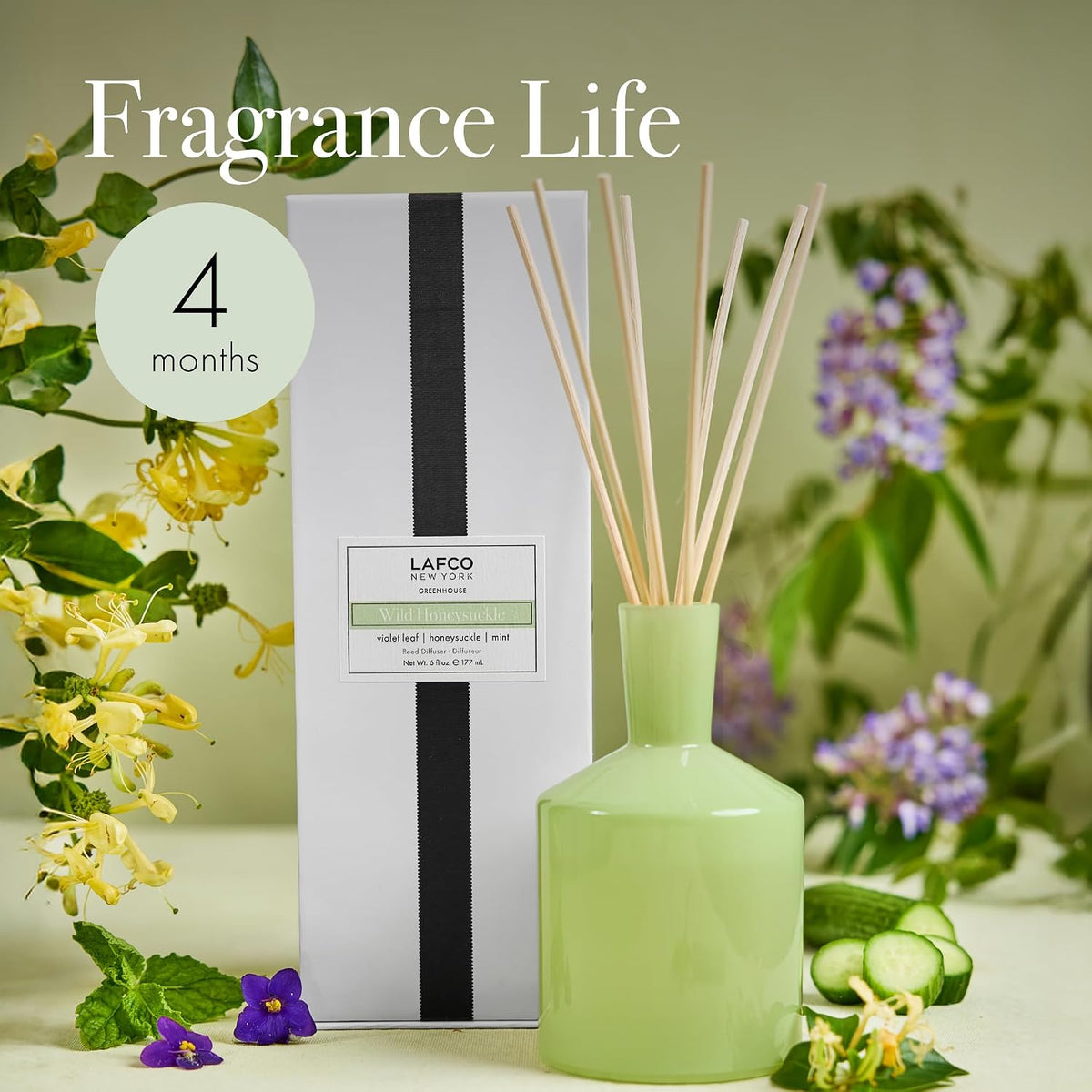 LAFCO New York Classic Reed Diffuser, Wild Honeysuckle - 6 oz - Up to 3 Months Fragrance Life - Reusable Glass Vessel - Natural Wood Reeds - Made in the USA