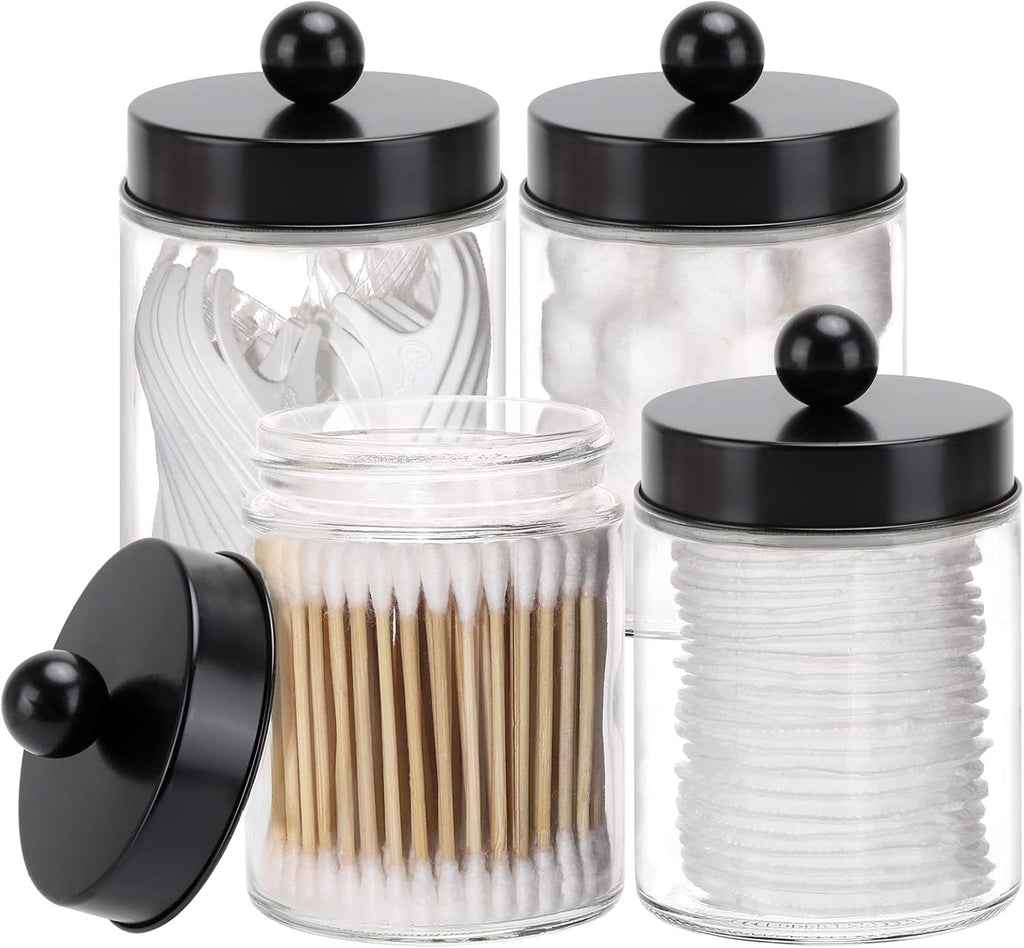 Tbestmax Glass Qtip Holder Dispenser, 10-Ounce Bathroom Containers Apothecary Jars with Metal Lids for Cotton Ball Swab Pad, Black (4 Pack)