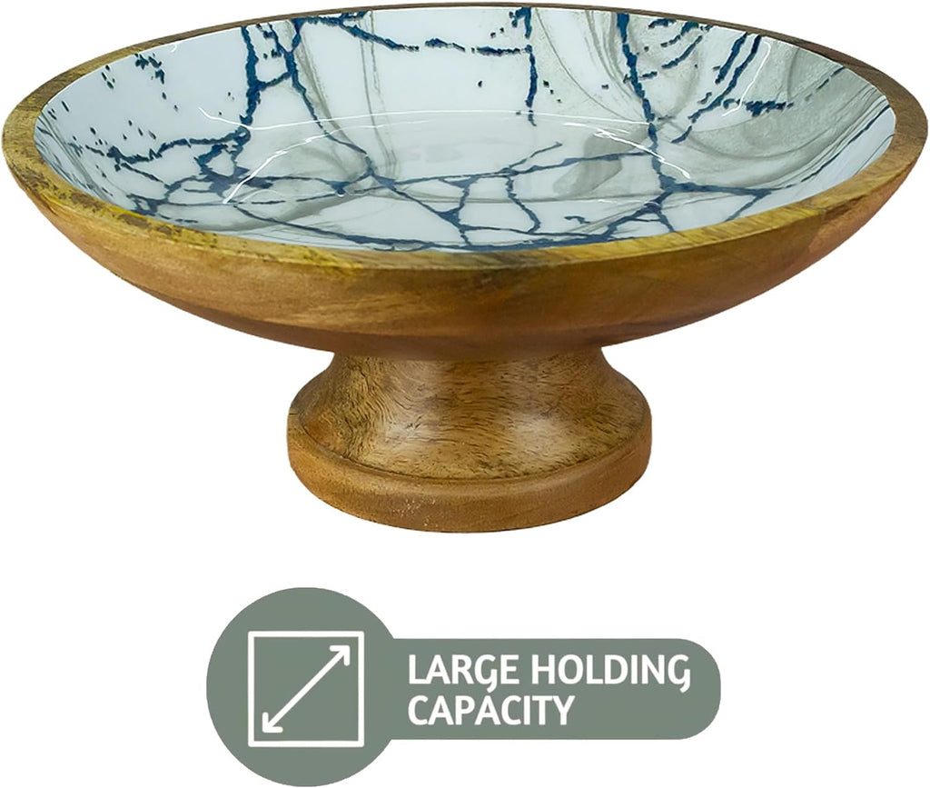 HOMORA Wood Fruit Bowl or Decorative Pedestal Bowl for Table Décor, for Kitchen Counter, Detachable Base,12-inch Large Bowls,Mango Wood (BLUE MARBLE), christmas, thanksgiving, new year