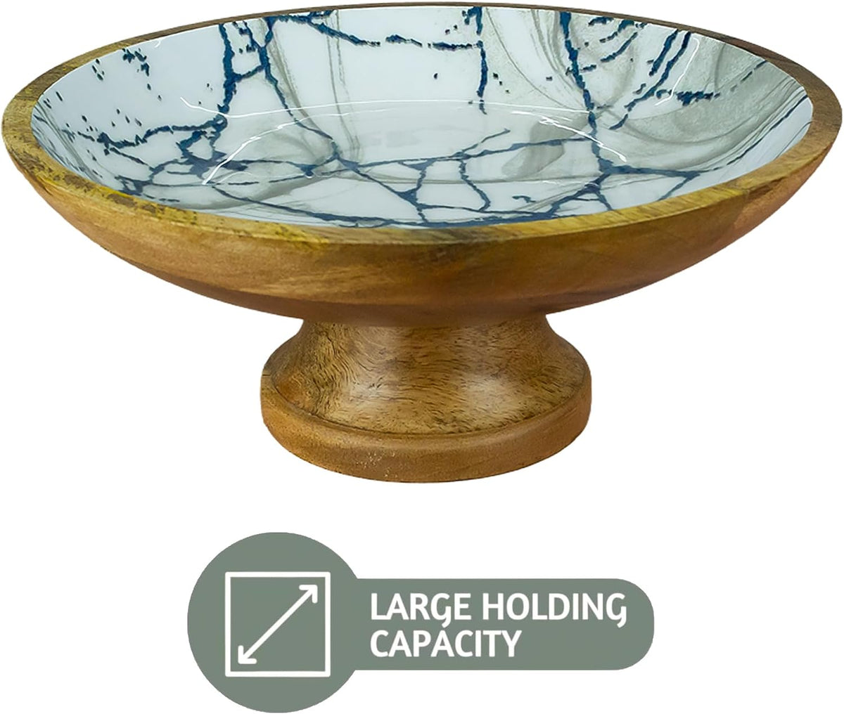 HOMORA Wood Fruit Bowl or Decorative Pedestal Bowl for Table Décor, for Kitchen Counter, Detachable Base,12-inch Large Bowls,Mango Wood (BLUE MARBLE), christmas, thanksgiving, new year