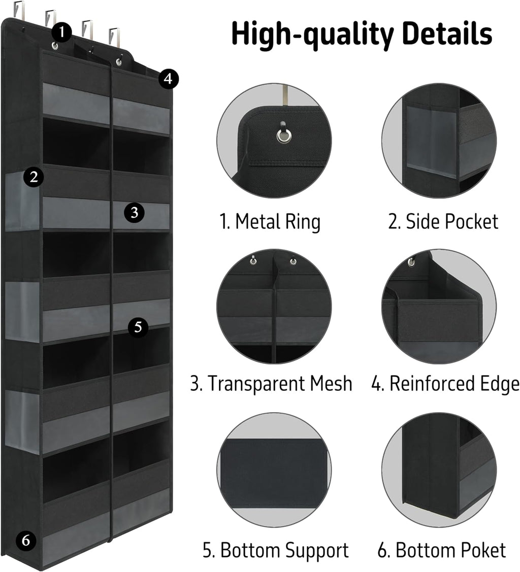 Black Over Door Organizer with 10 Large Front Pockets and 6 Side Mesh Pockets, Double-Row Hanging Door Storage for Closet, Bathroom, Nursery, Bedroom, Dorm, Toys, Cosmetics, Baby Essentials