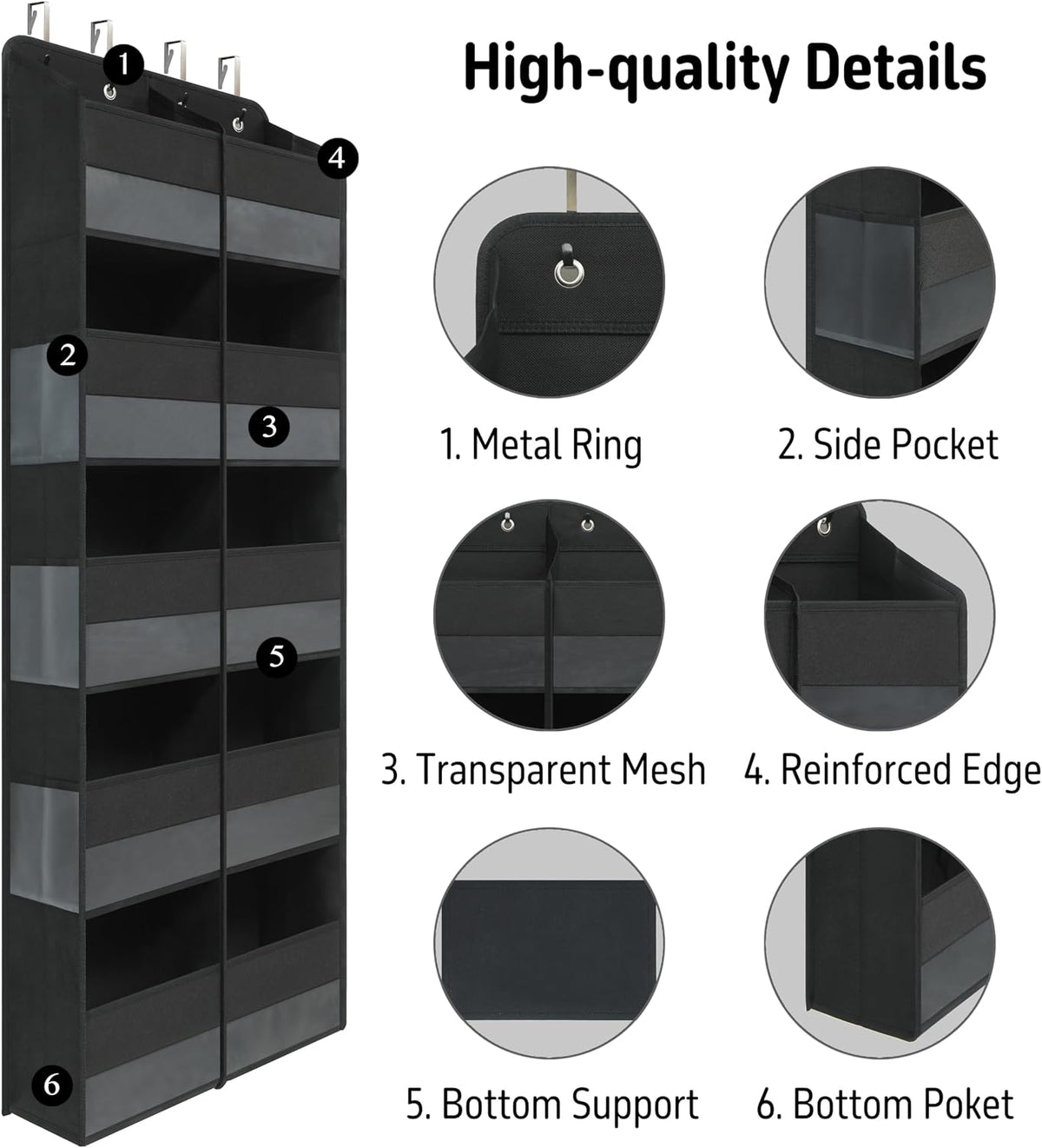 Black Over Door Organizer with 10 Large Front Pockets and 6 Side Mesh Pockets, Double-Row Hanging Door Storage for Closet, Bathroom, Nursery, Bedroom, Dorm, Toys, Cosmetics, Baby Essentials