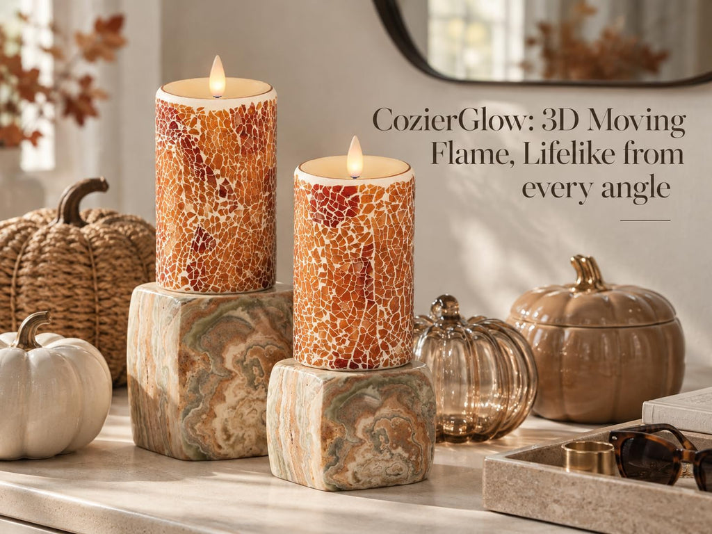 Glass Flameless Pillar Candles Flickering with Remote Timer, Battery Operated LED 3D Moving Flame Real Wax Candles,Remote Included (Crimson Orange Cracked Glass)