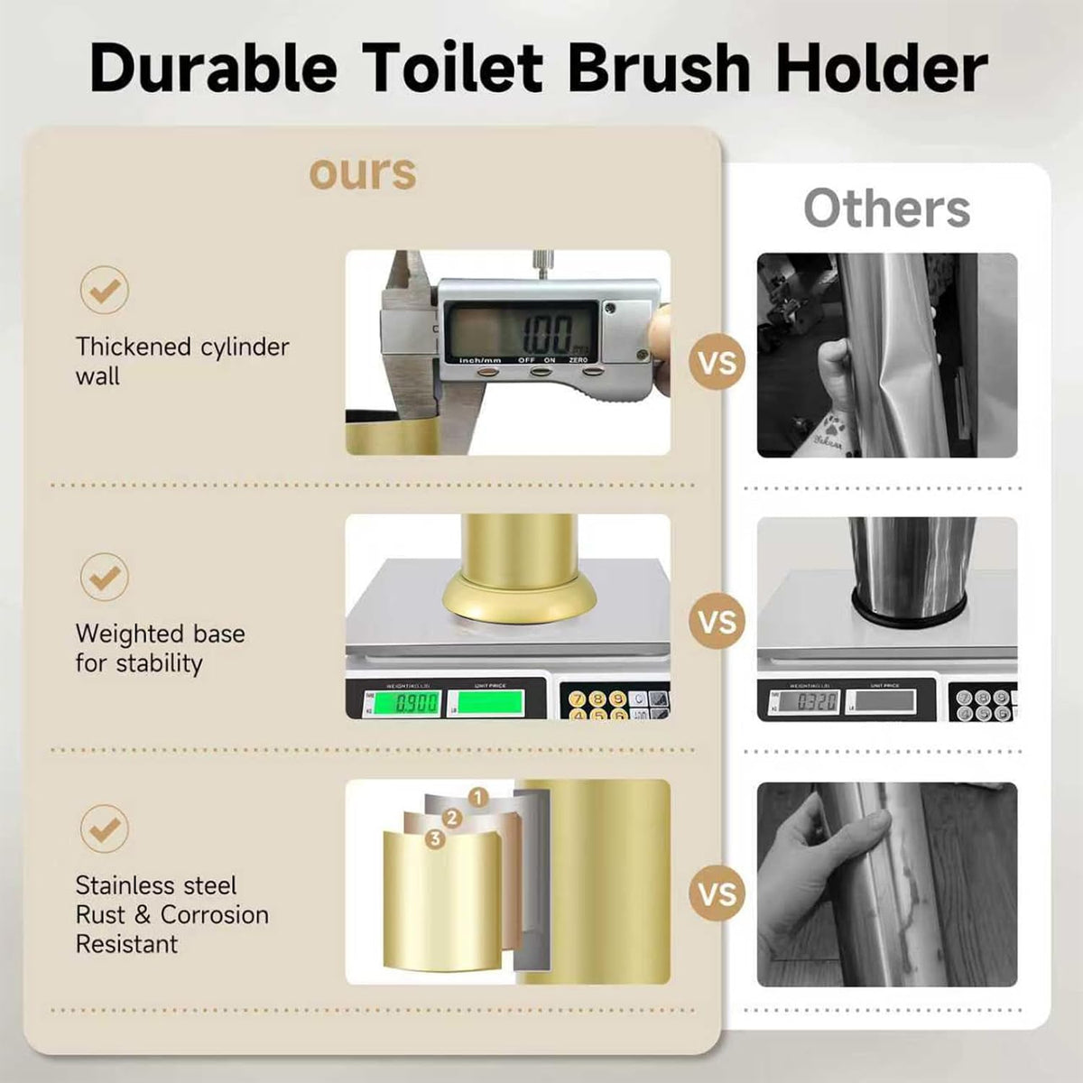Gold Toilet Brush and Holder，Extra Long Handled Toilet Brush for Bathroom，Stainless Steel Heavy Duty Toilet Bowl Brush,Deep Cleaning Modern Toilet Cleaner Brush -Space Saving, Covered Brush, Durable