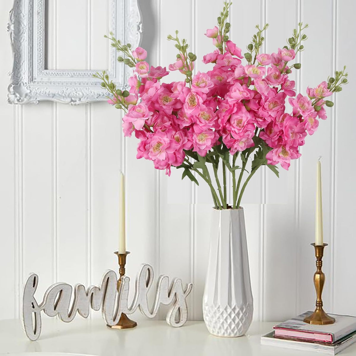 6pcs Silk Delphinium Artificial Flowers Hot Pink Fake Larkspur Artificial Flowers 29.52" Long Stem Fake Flowers Bulk for Tall Vase Wedding Floral Arrangements Home Table Decor(Hot Pink)