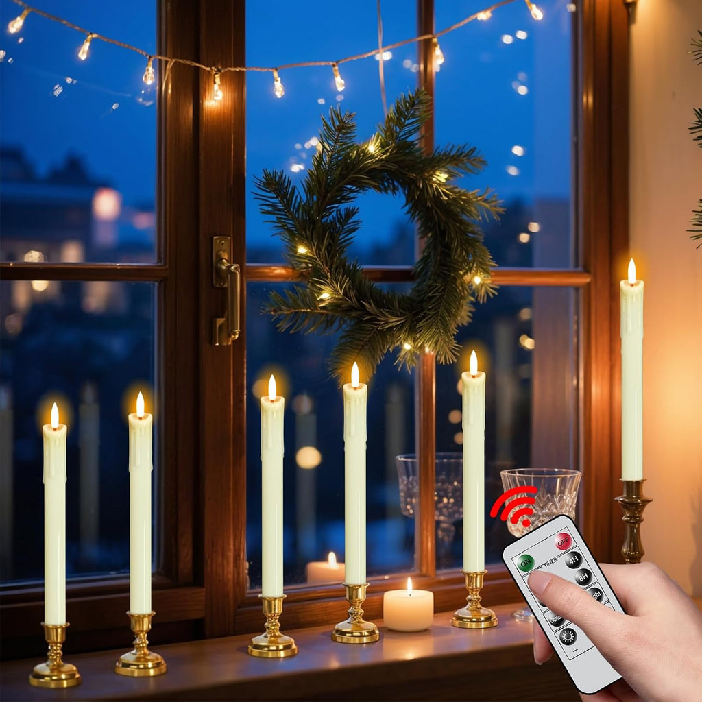 Ivory Dripping Flameless Taper Candles with Remote and Timer 6Pack
