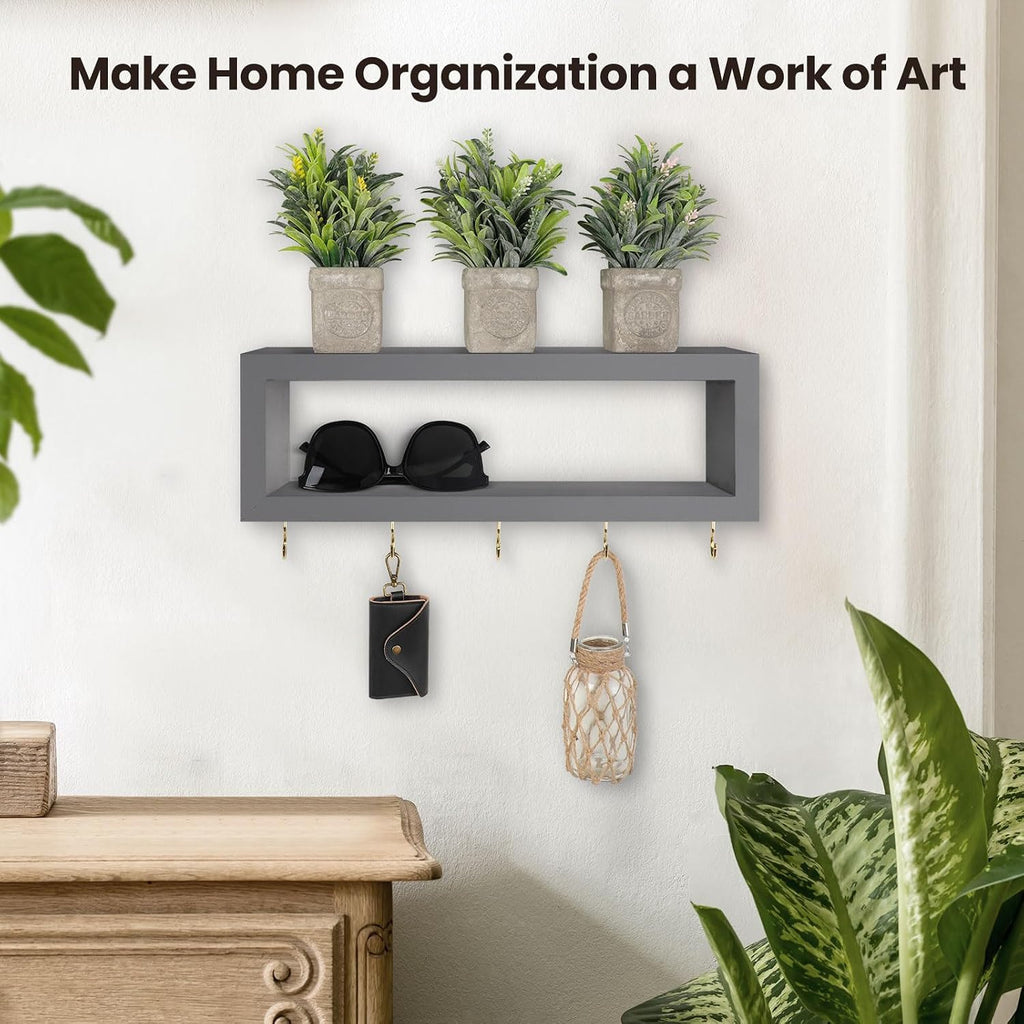 Lwenki Wall Shelf with Hooks - Decorative Key and Wallet Holder for Wall Holds Sunglasses, Leashes, Scarves and Lanyards - 15.7" x 5.1" x 2.9" Entryway Organizer Made of Paulownia Wood (Gray)