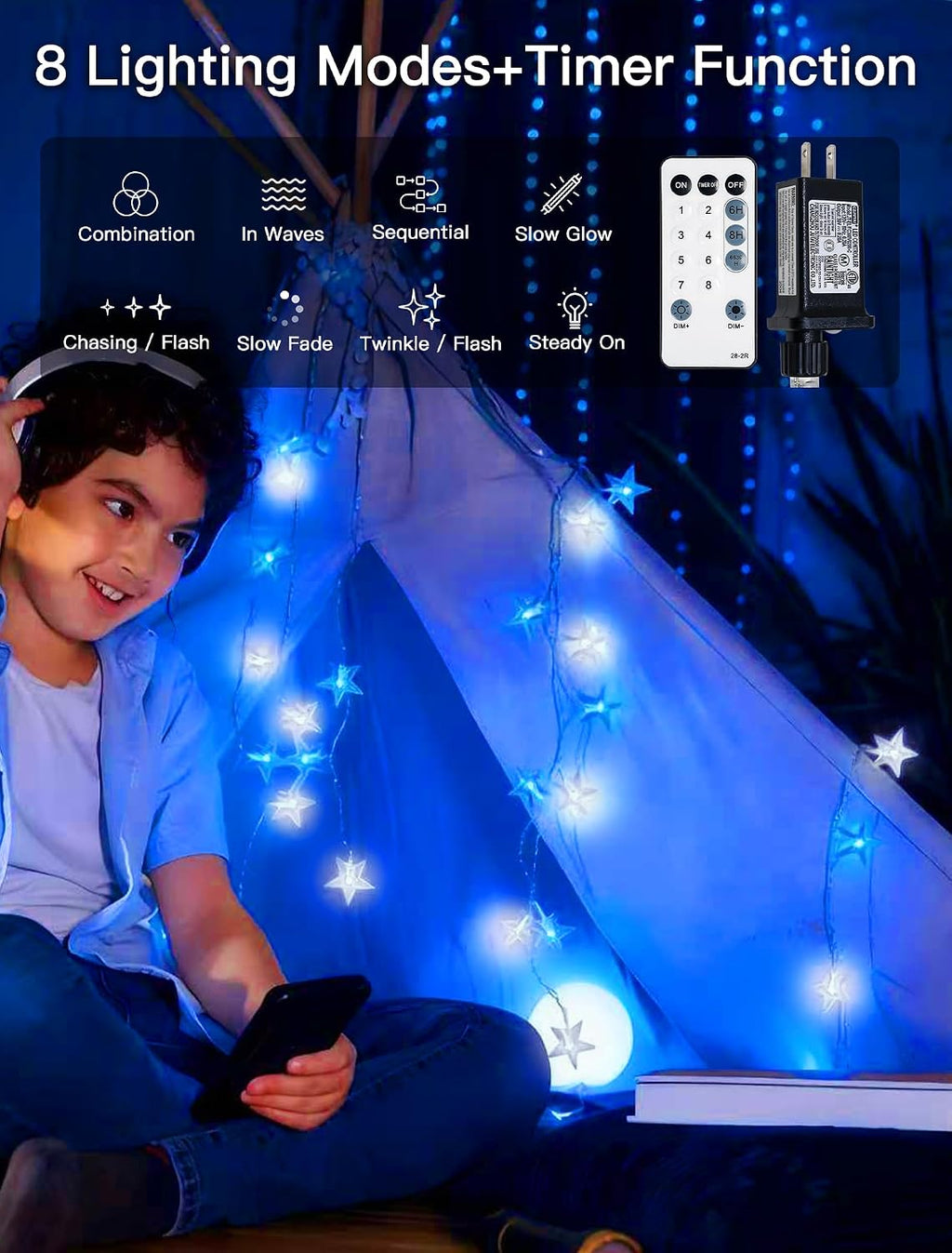 39FT 100 LED Blue White Star String Lights Plug in