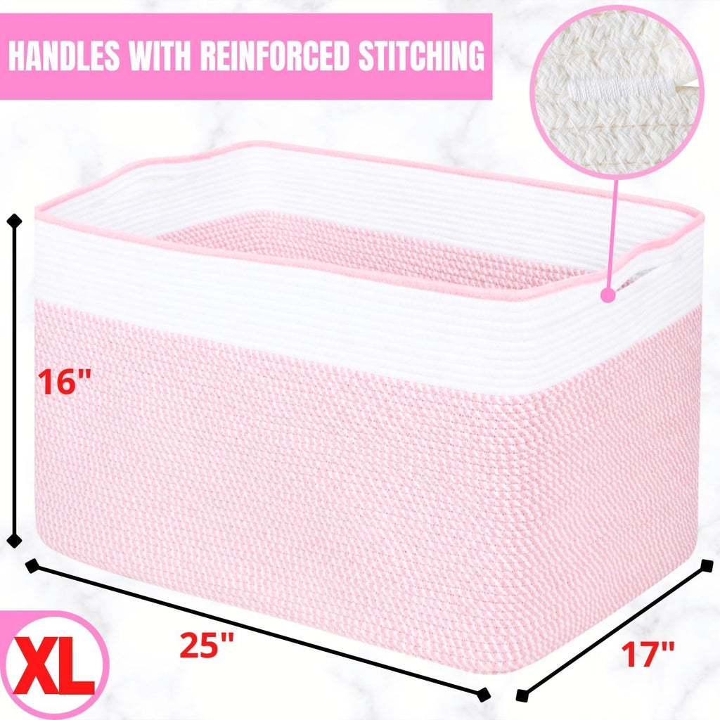 MINTWOOD Design 112L Extra Large Blanket Basket Holder Living Room, 25"x17"x16" Rectangle Rope Woven Storage Basket with Handles for Laundry, Towels, Shoes, Dog Toy Organizer Bin Box, Light Pink