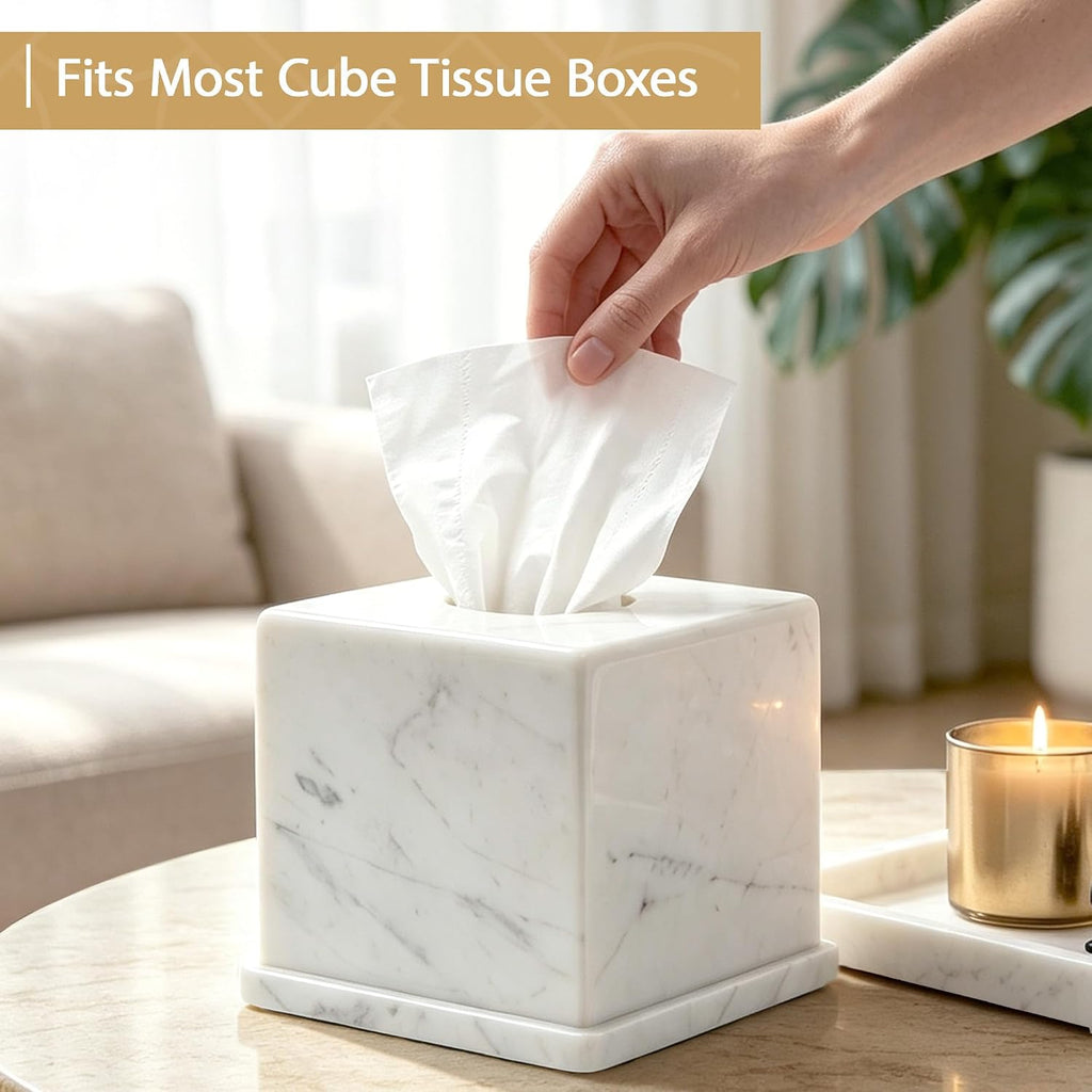 Natural Marble Tissue Box Cover, Volakas White Tissue Box Holder