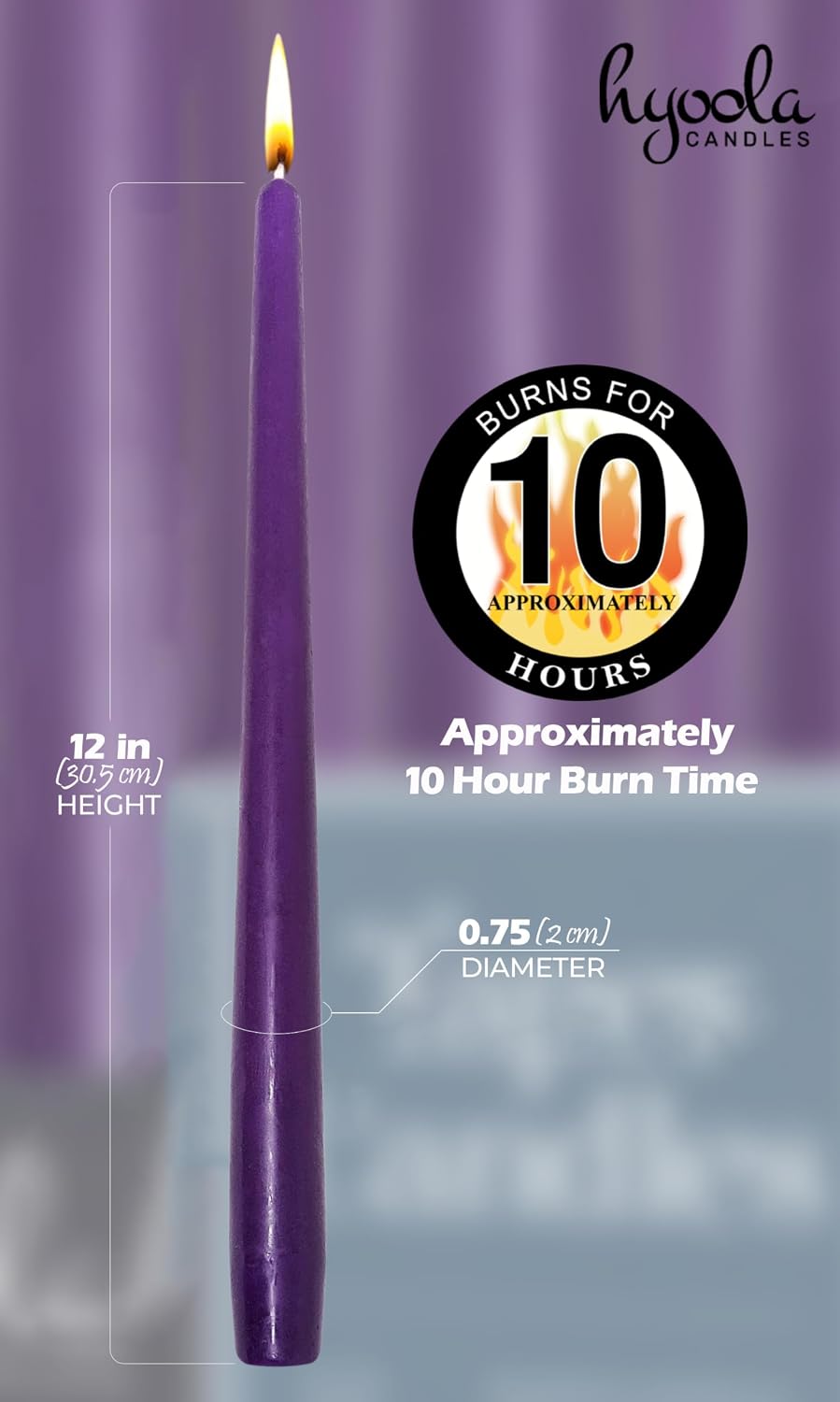 Hyoola Tall Taper Candles - 12 Inch Purple Unscented Dripless Taper Candles - 10 Hour Burn Time - 12 Pack